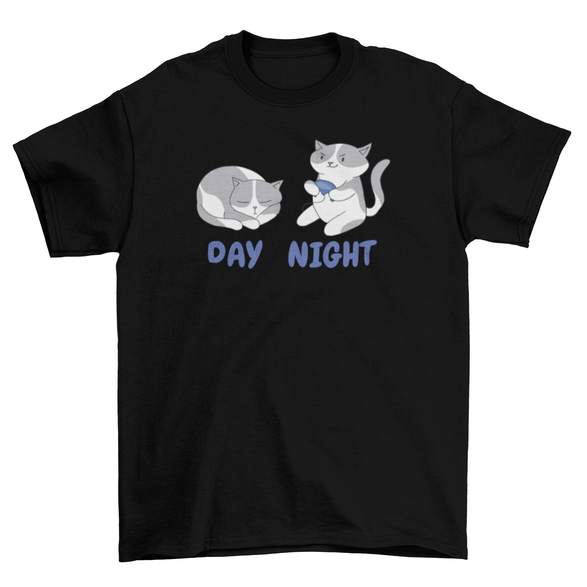 Gamer Cats T-Shirt featuring a playful design of a cat sleeping during the day and gaming at night.