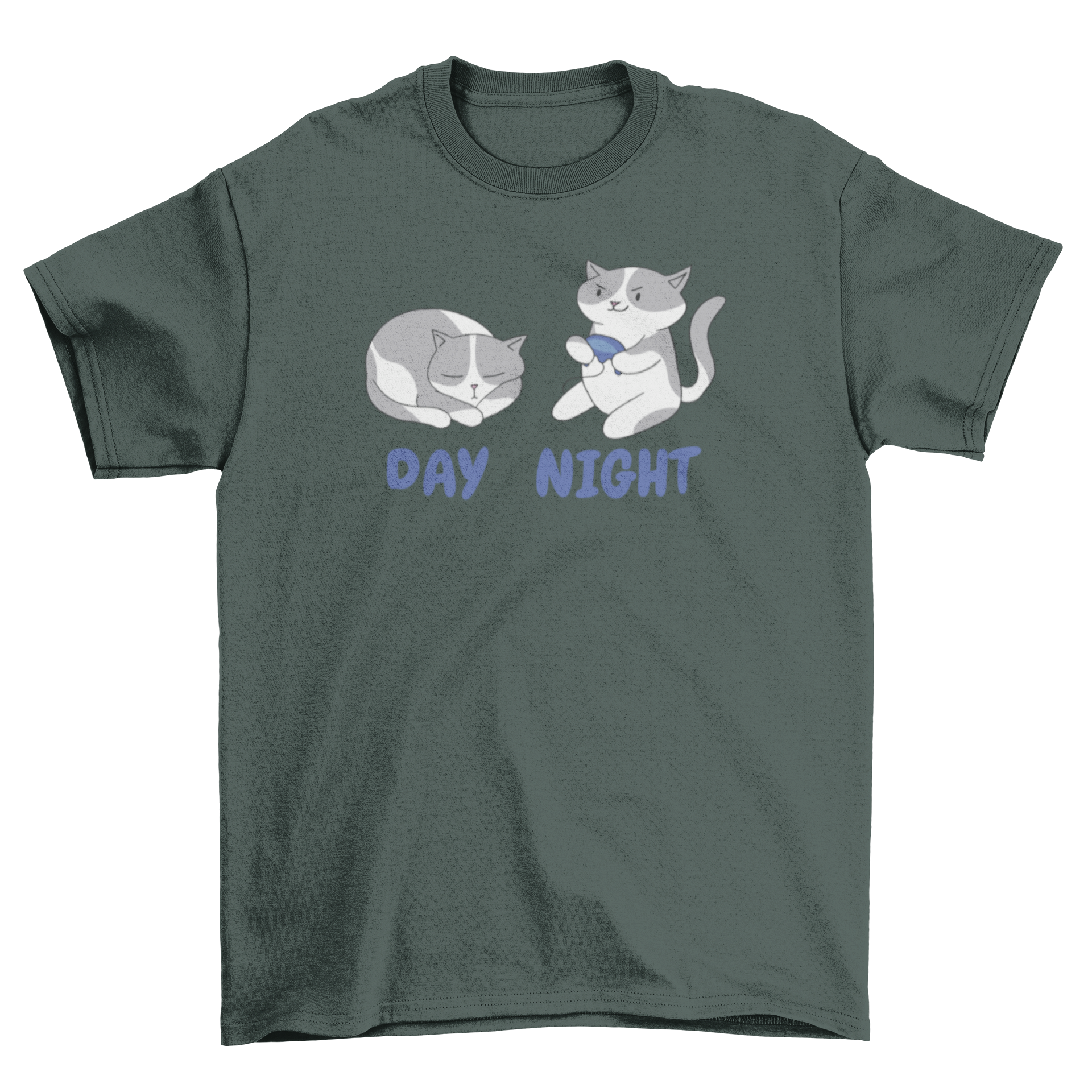 Gamer Cats T-Shirt featuring a playful design of a cat sleeping during the day and gaming at night.