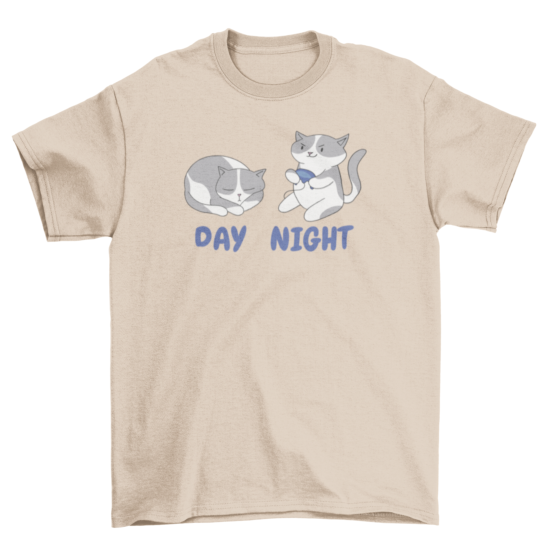 Gamer Cats T-Shirt featuring a playful design of a cat sleeping during the day and gaming at night.