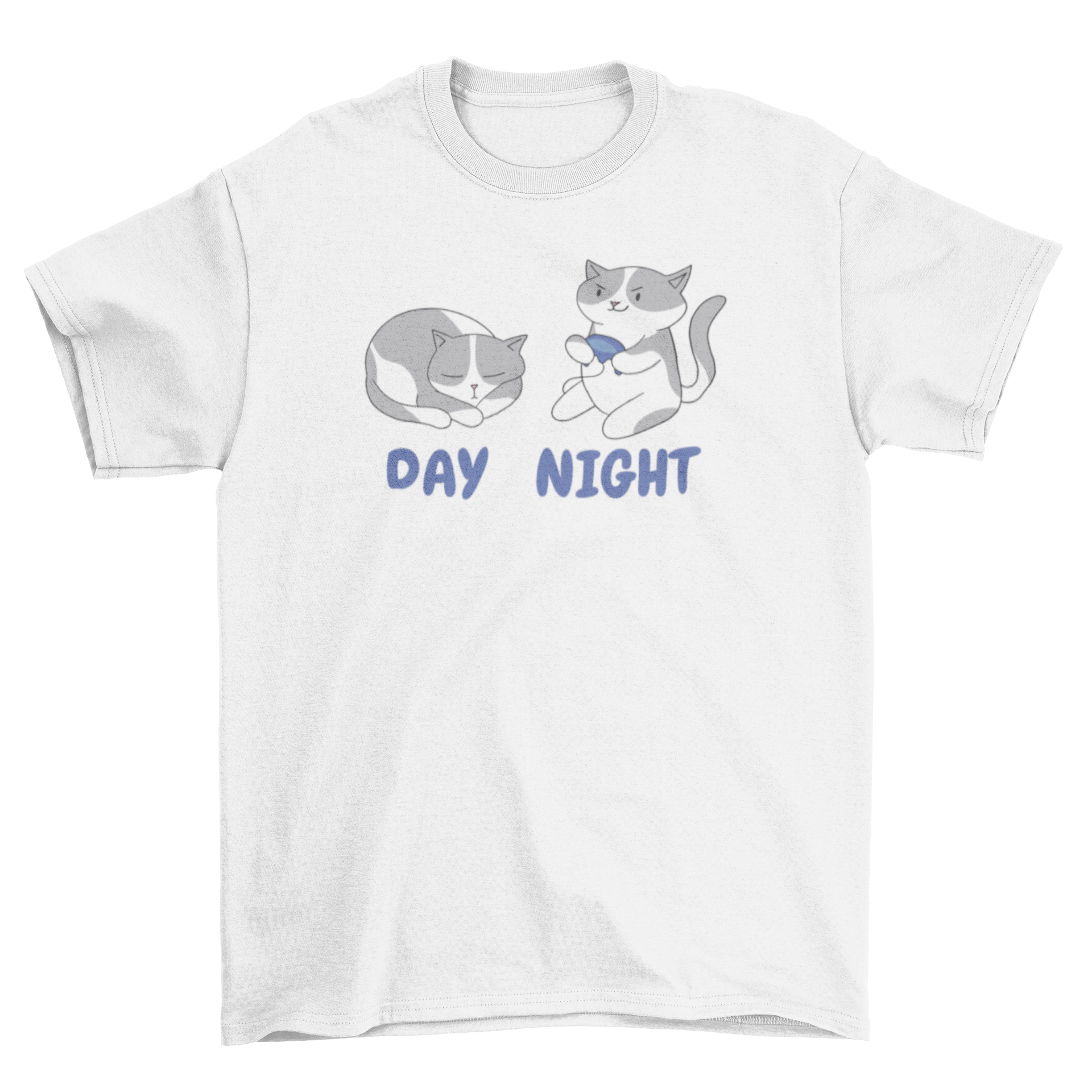 Gamer Cats T-Shirt featuring a playful design of a cat sleeping during the day and gaming at night.