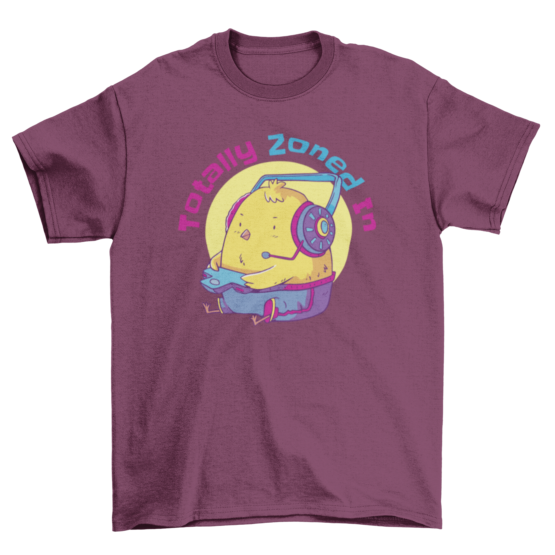 Gamer Chick Quote T-Shirt featuring a cute chick playing video games with the quote 'Totally zoned in'.