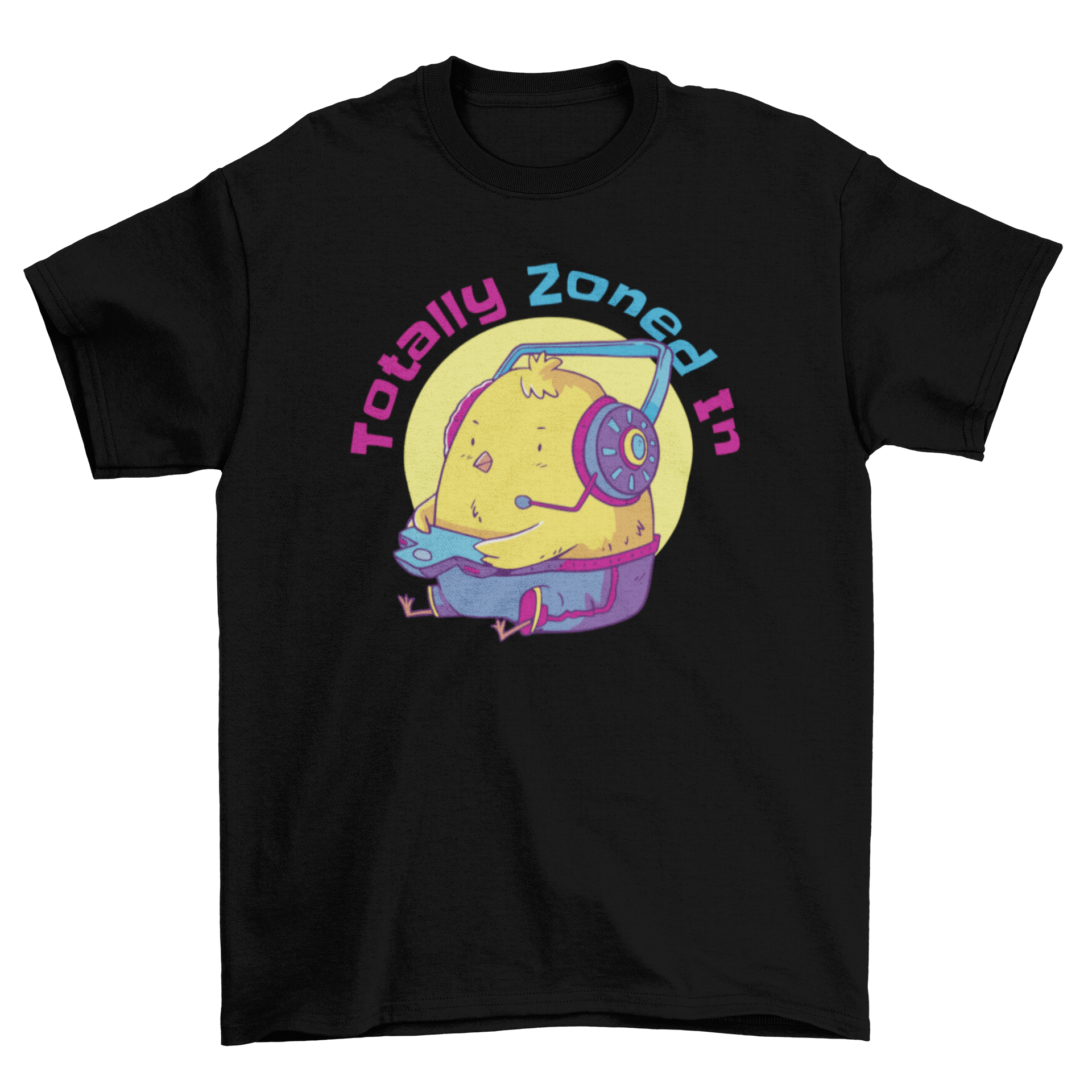 Gamer Chick Quote T-Shirt featuring a cute chick playing video games with the quote 'Totally zoned in'.