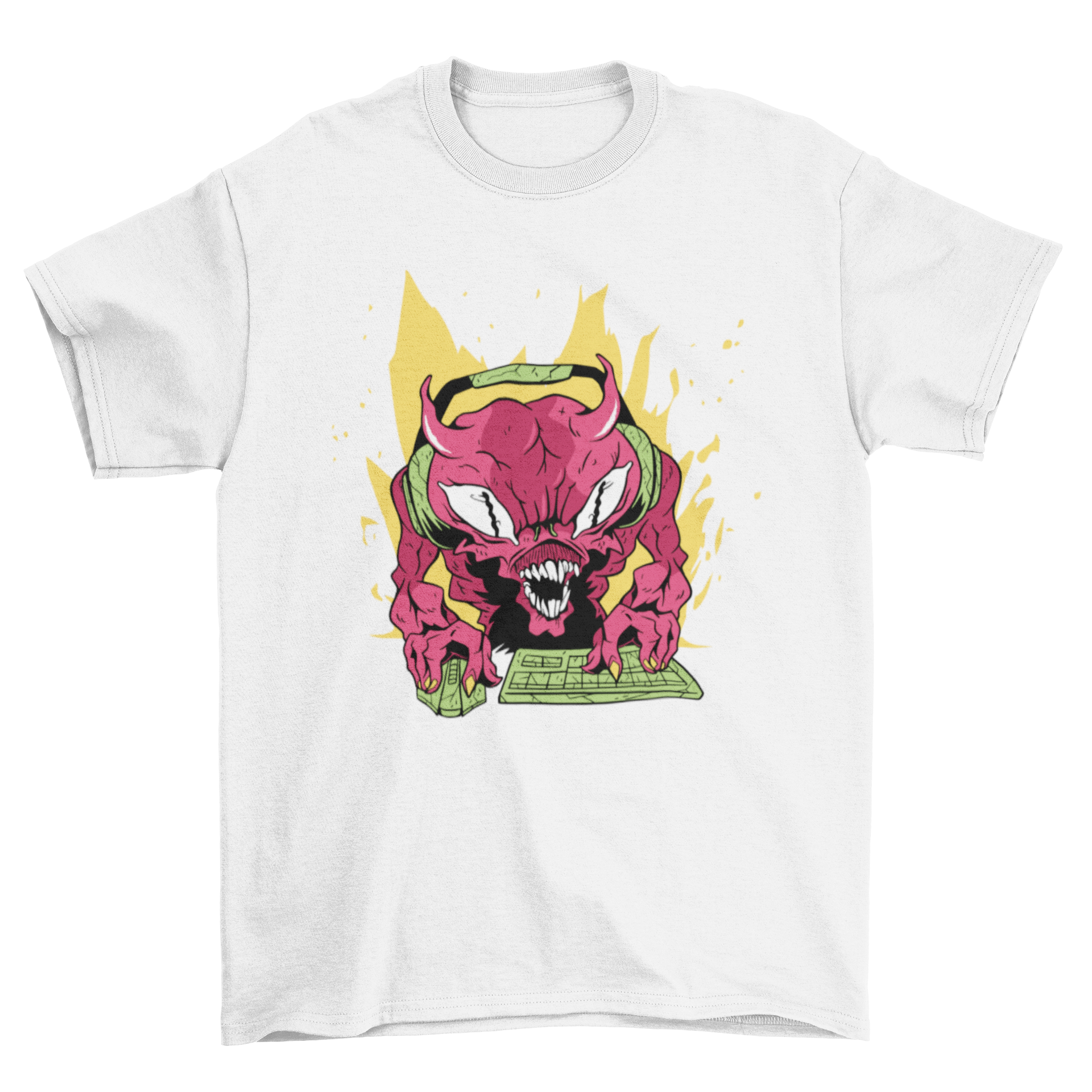 Gamer Demon T-Shirt featuring a vibrant design of a demon playing video games, perfect for gaming enthusiasts.