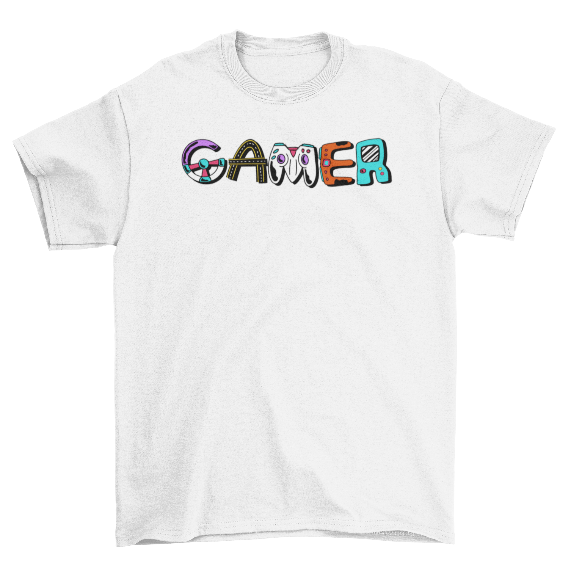 Gamer Element Lettering T-Shirt featuring the word 'Gamer' designed with various gaming elements like joysticks and controllers.