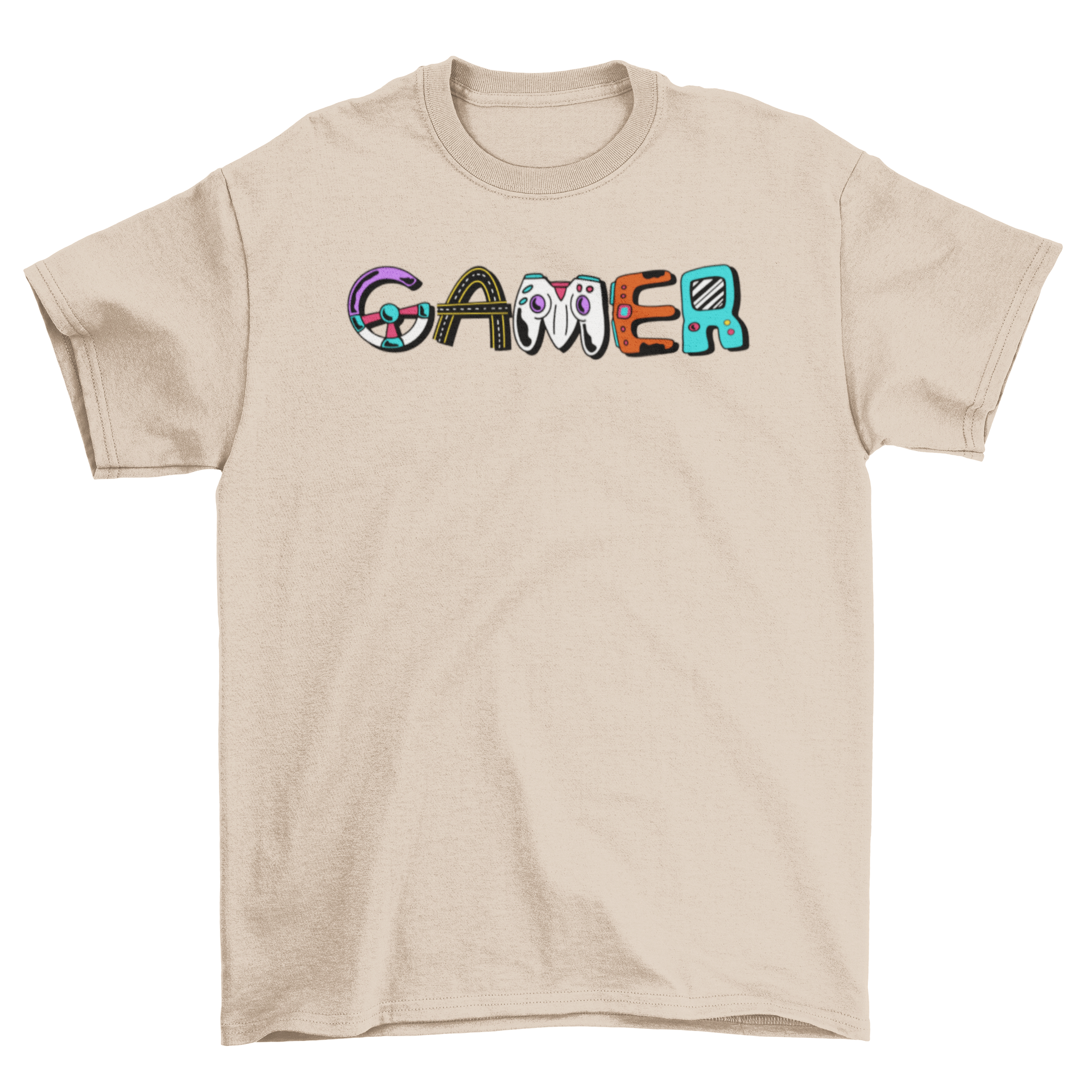 Gamer Element Lettering T-Shirt featuring the word 'Gamer' designed with various gaming elements like joysticks and controllers.