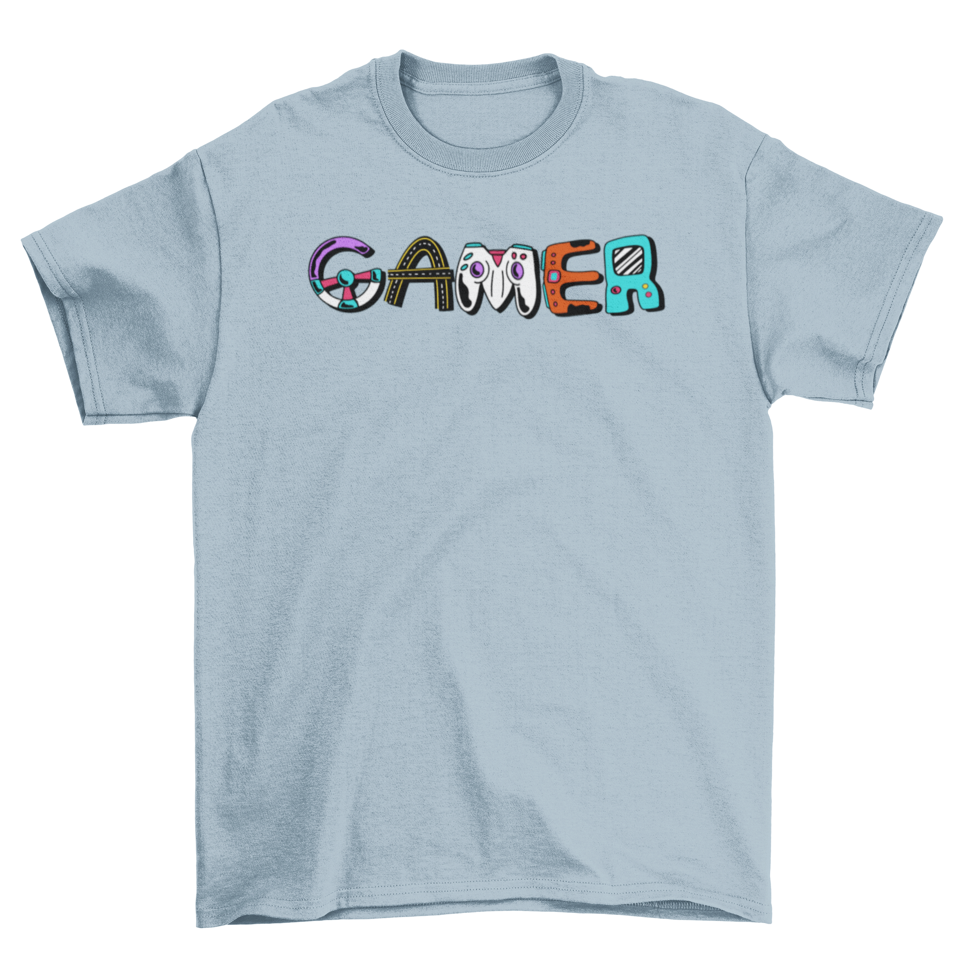 Gamer Element Lettering T-Shirt featuring the word 'Gamer' designed with various gaming elements like joysticks and controllers.