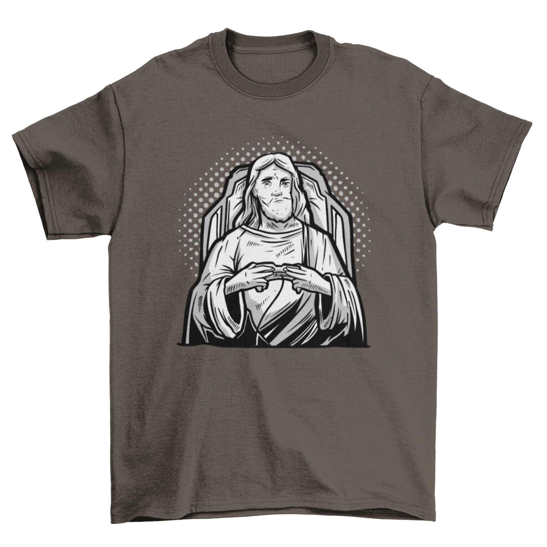 Gamer Jesus T-shirt featuring an illustration of Jesus playing video games, showcasing a unique blend of faith and gaming culture.