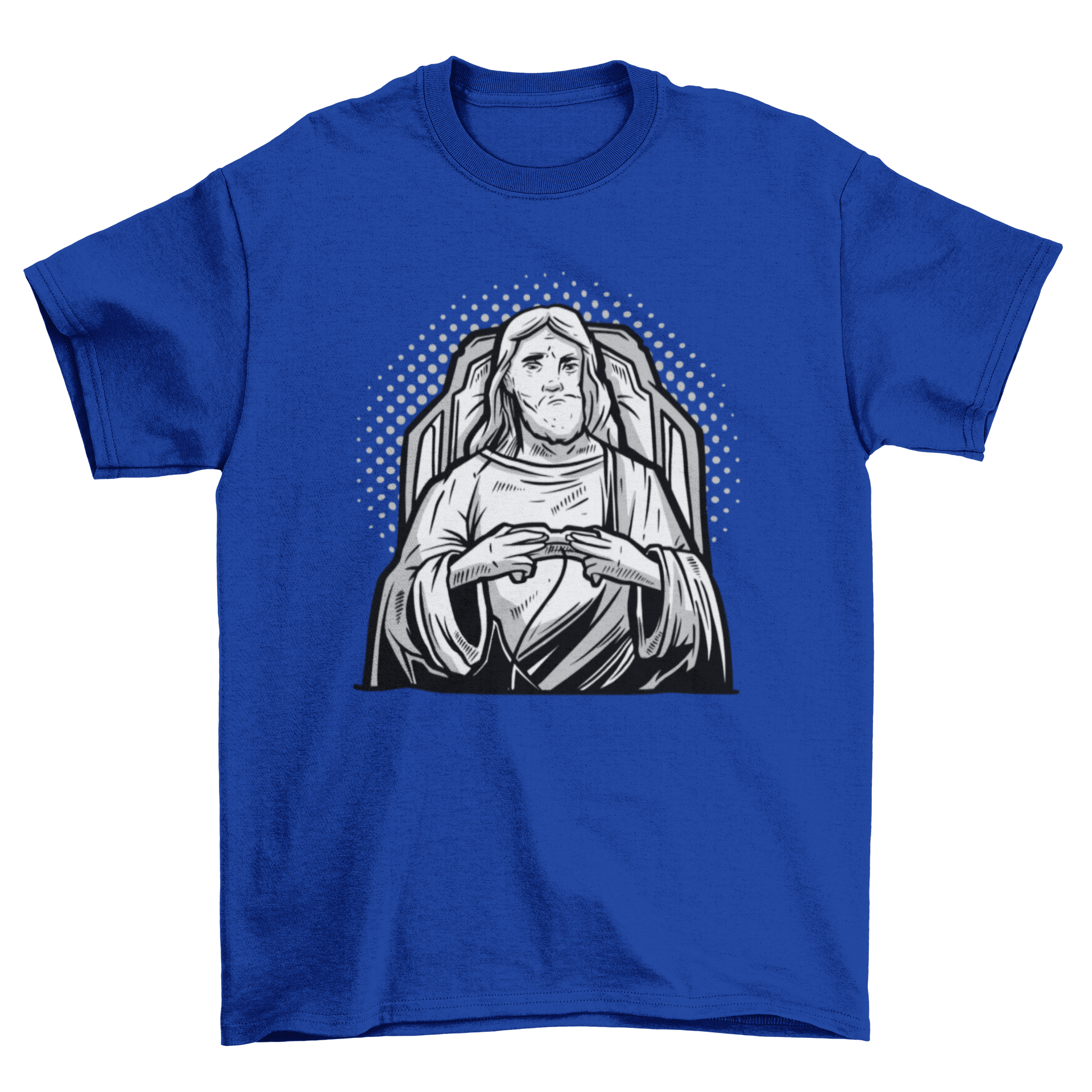 Gamer Jesus T-shirt featuring an illustration of Jesus playing video games, showcasing a unique blend of faith and gaming culture.