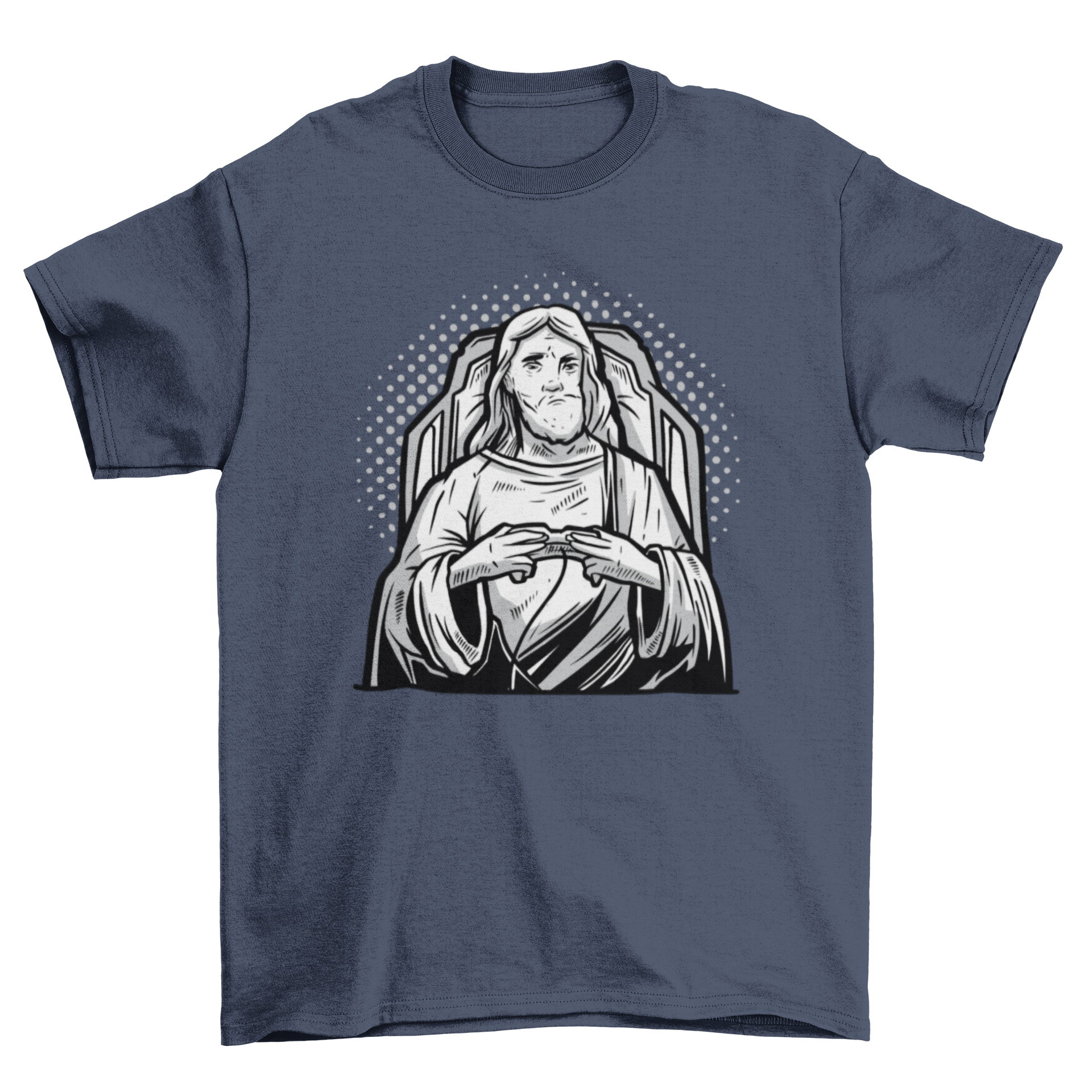 Gamer Jesus T-shirt featuring an illustration of Jesus playing video games, showcasing a unique blend of faith and gaming culture.