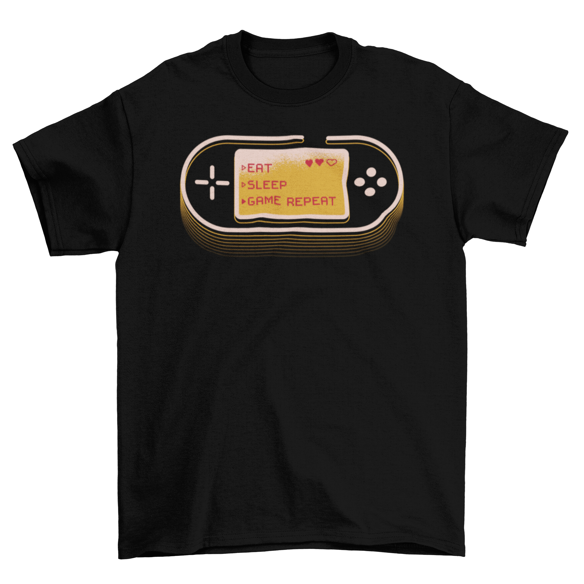 Gamer Joystick T-Shirt featuring a retro controller and pixelated text 'Eat Sleep Game Repeat'.