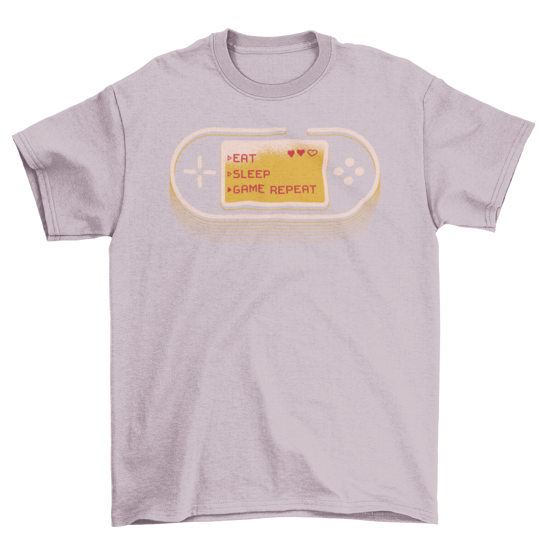 Gamer Joystick T-Shirt featuring a retro controller and pixelated text 'Eat Sleep Game Repeat'.