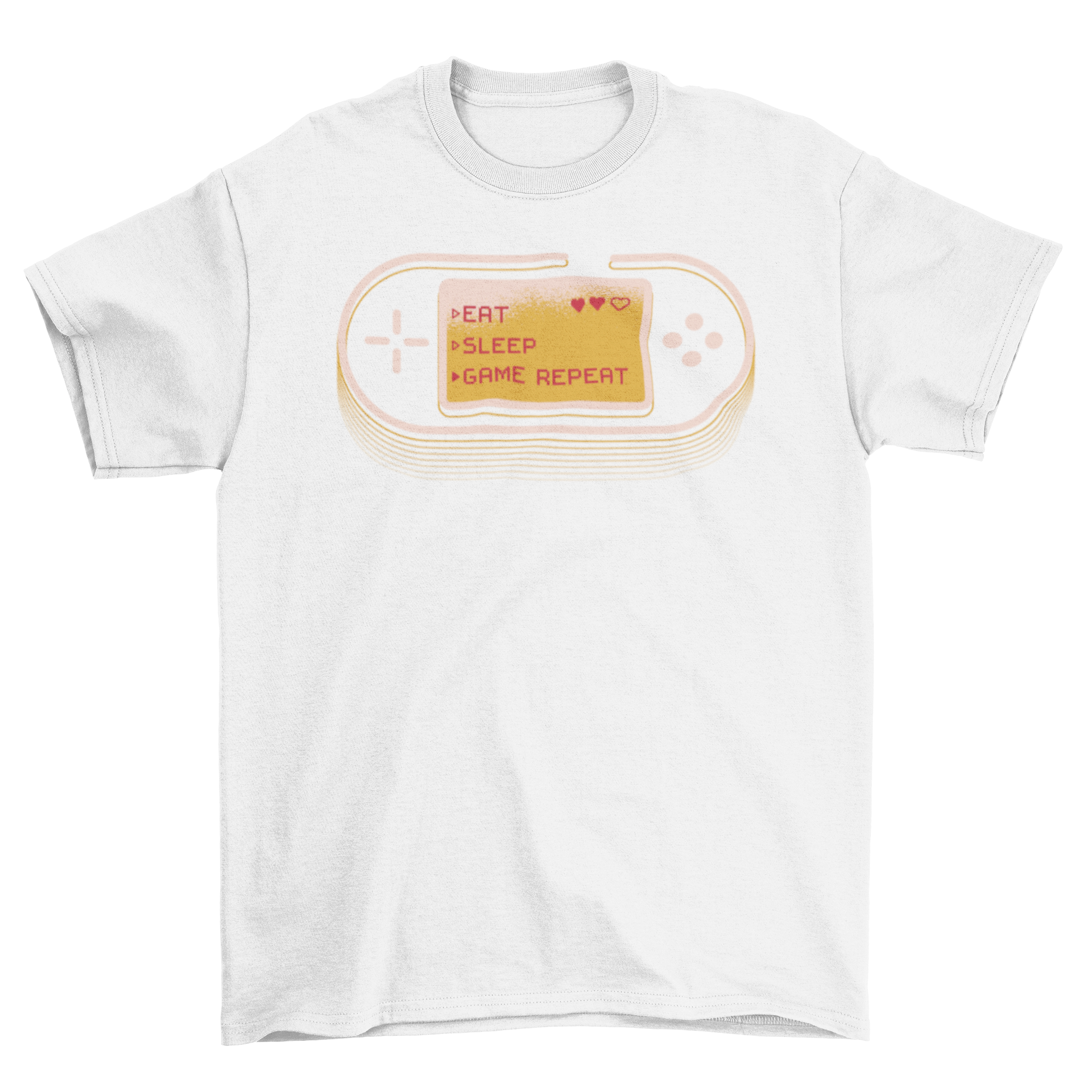 Gamer Joystick T-Shirt featuring a retro controller and pixelated text 'Eat Sleep Game Repeat'.