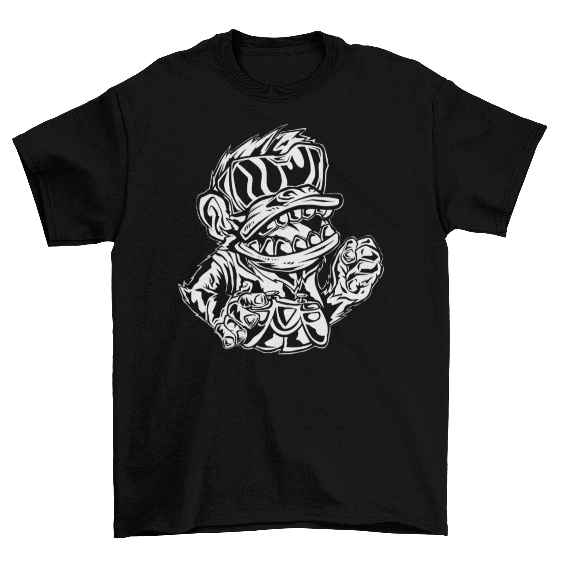 Gamer Monkey T-Shirt featuring a playful monkey holding a gaming controller and wearing VR glasses, designed for gaming enthusiasts.