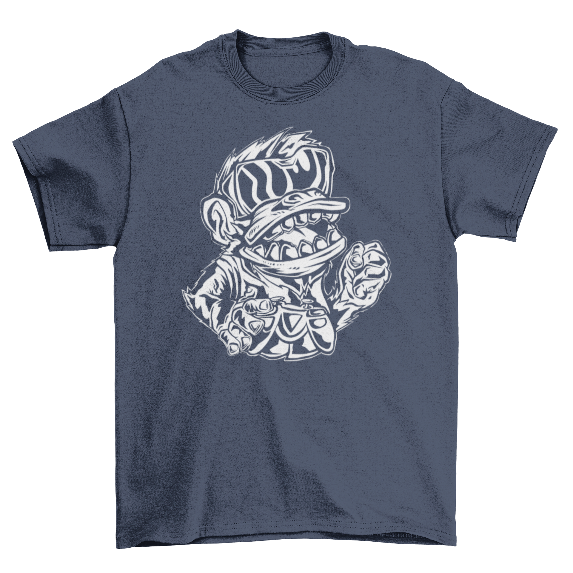 Gamer Monkey T-Shirt featuring a playful monkey holding a gaming controller and wearing VR glasses, designed for gaming enthusiasts.