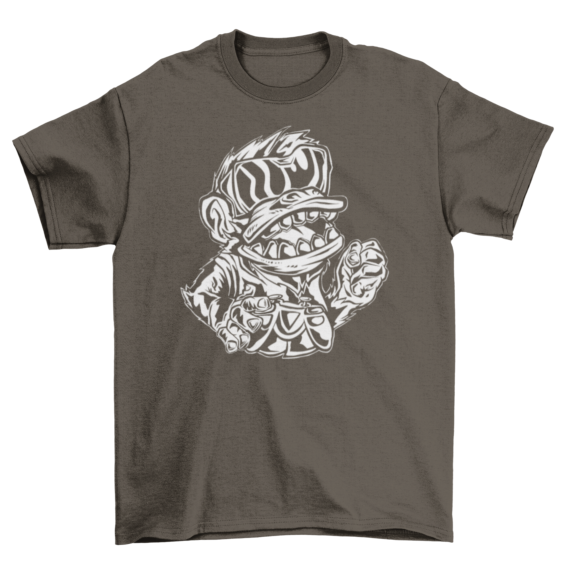 Gamer Monkey T-Shirt featuring a playful monkey holding a gaming controller and wearing VR glasses, designed for gaming enthusiasts.