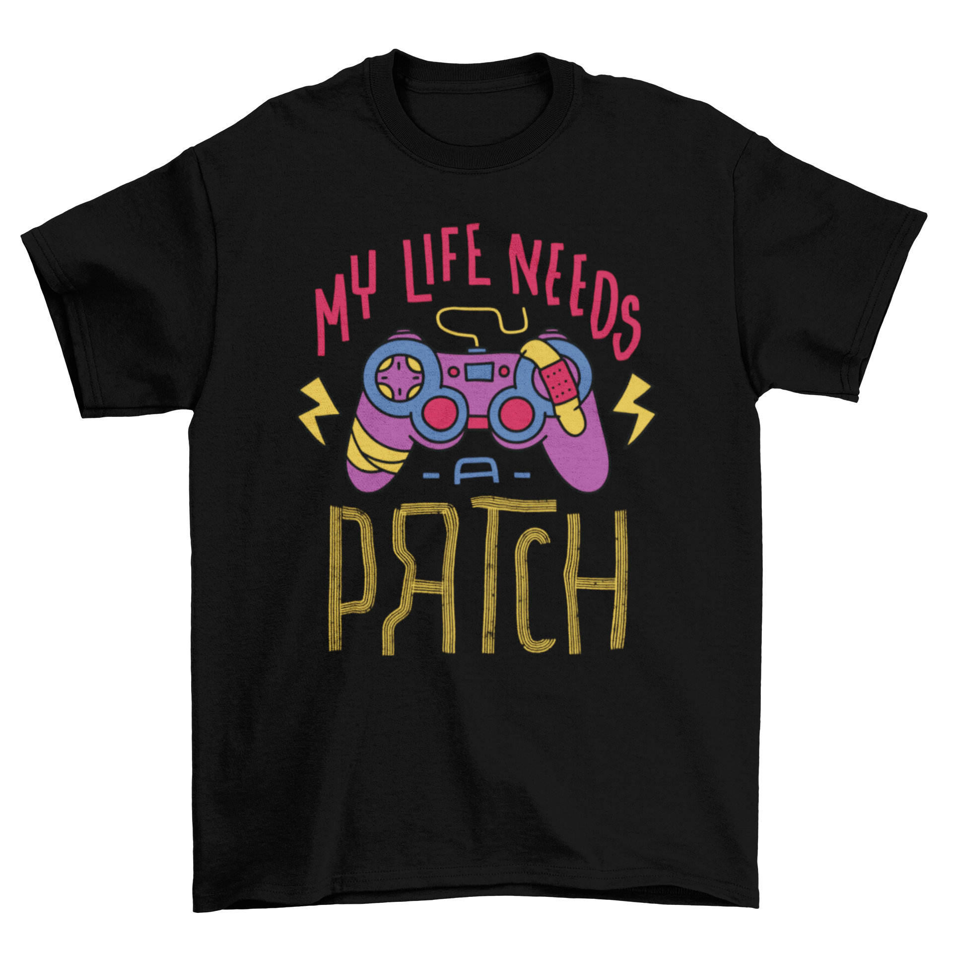 Gamer Patch T-Shirt featuring a joystick graphic and the quote 'My life needs a patch' in a stylish design.