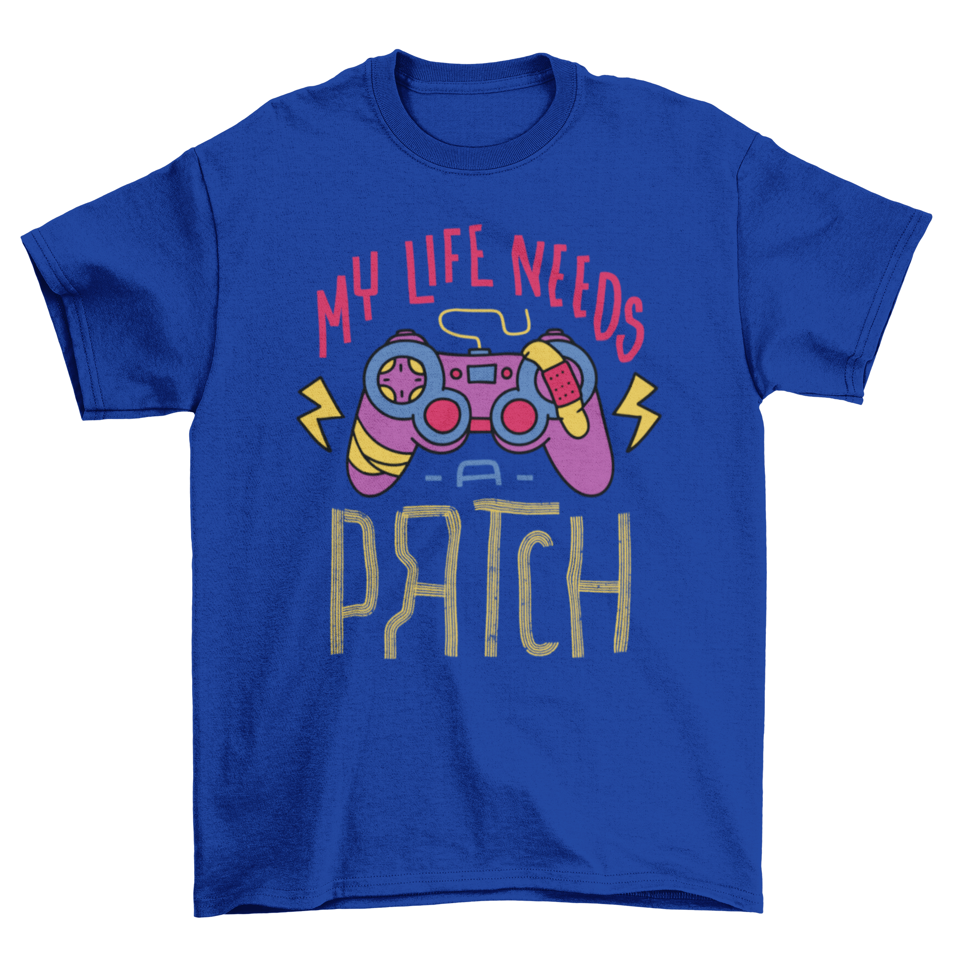 Gamer Patch T-Shirt featuring a joystick graphic and the quote 'My life needs a patch' in a stylish design.