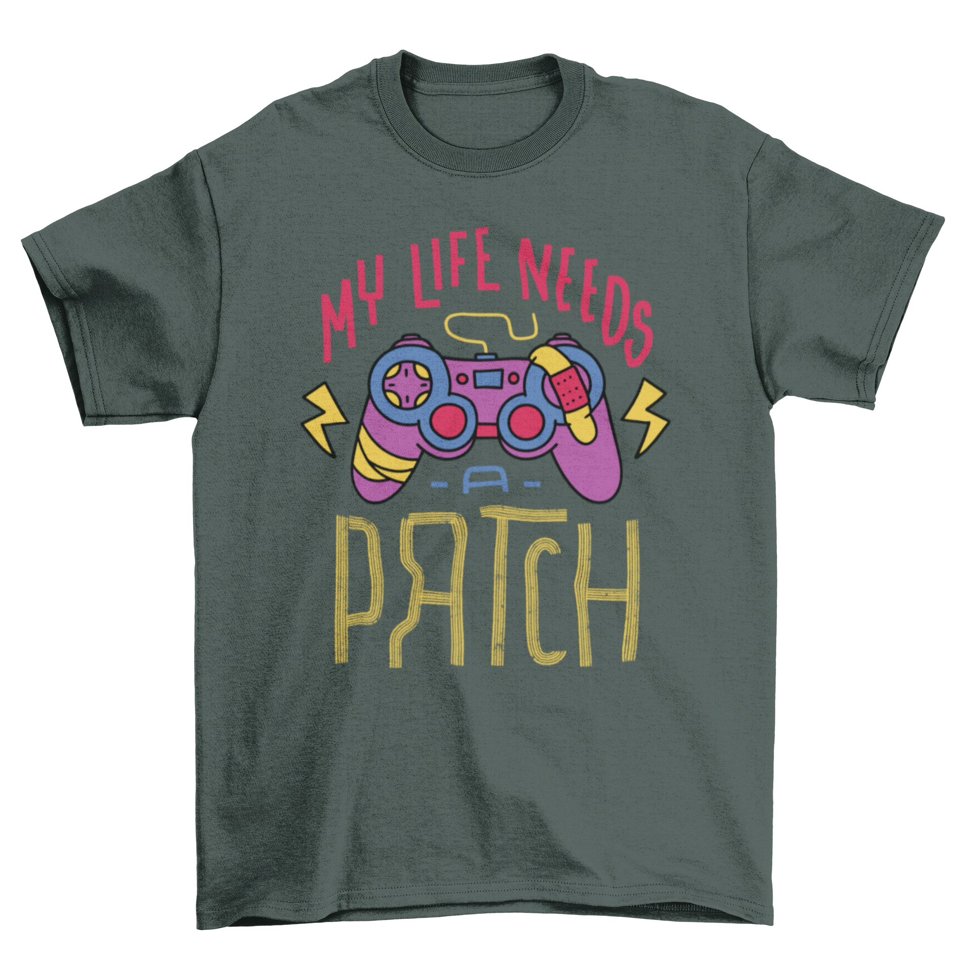 Gamer Patch T-Shirt featuring a joystick graphic and the quote 'My life needs a patch' in a stylish design.