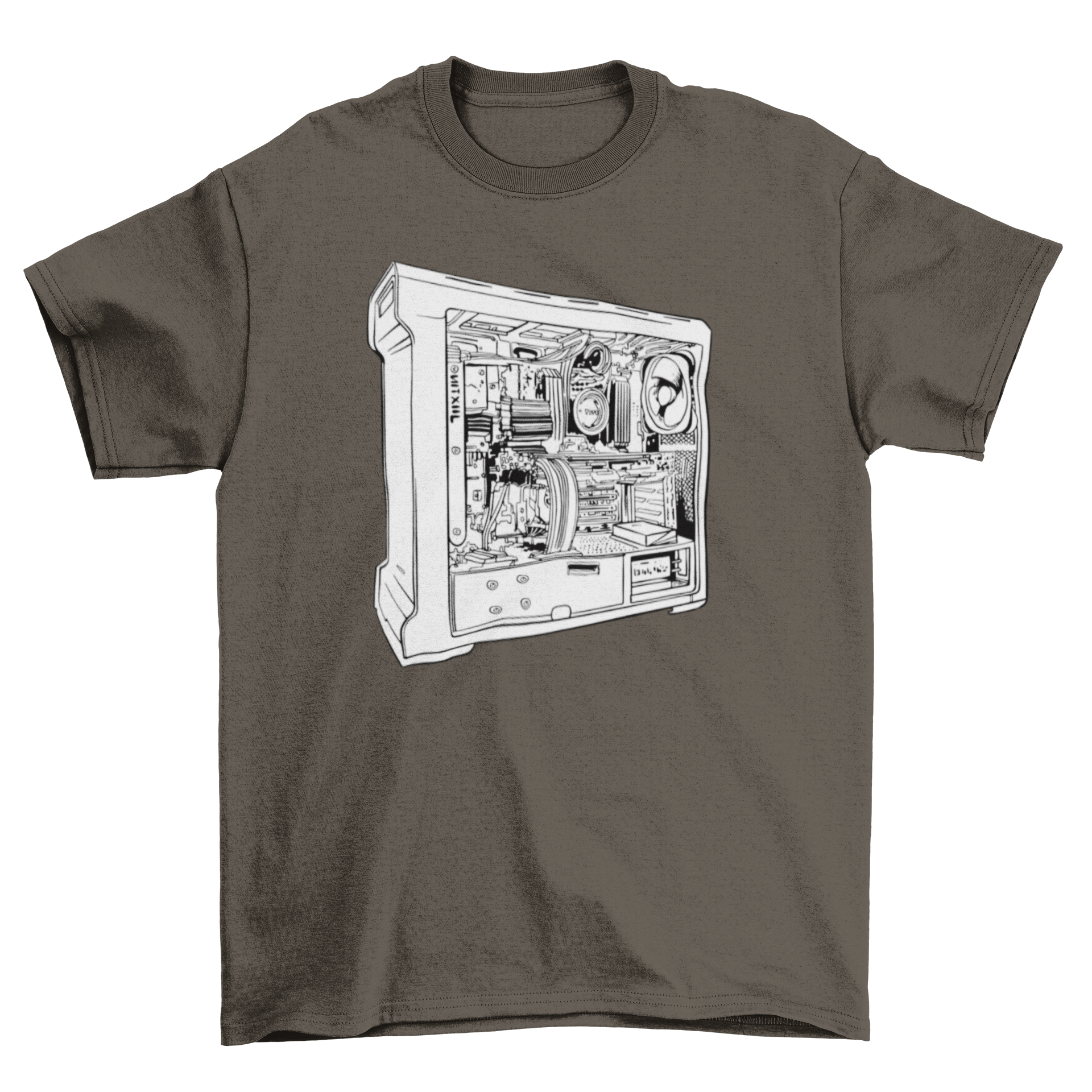 A stylish Gamer PC T-Shirt featuring a unique hand-drawn design of a gaming computer, perfect for gaming enthusiasts.