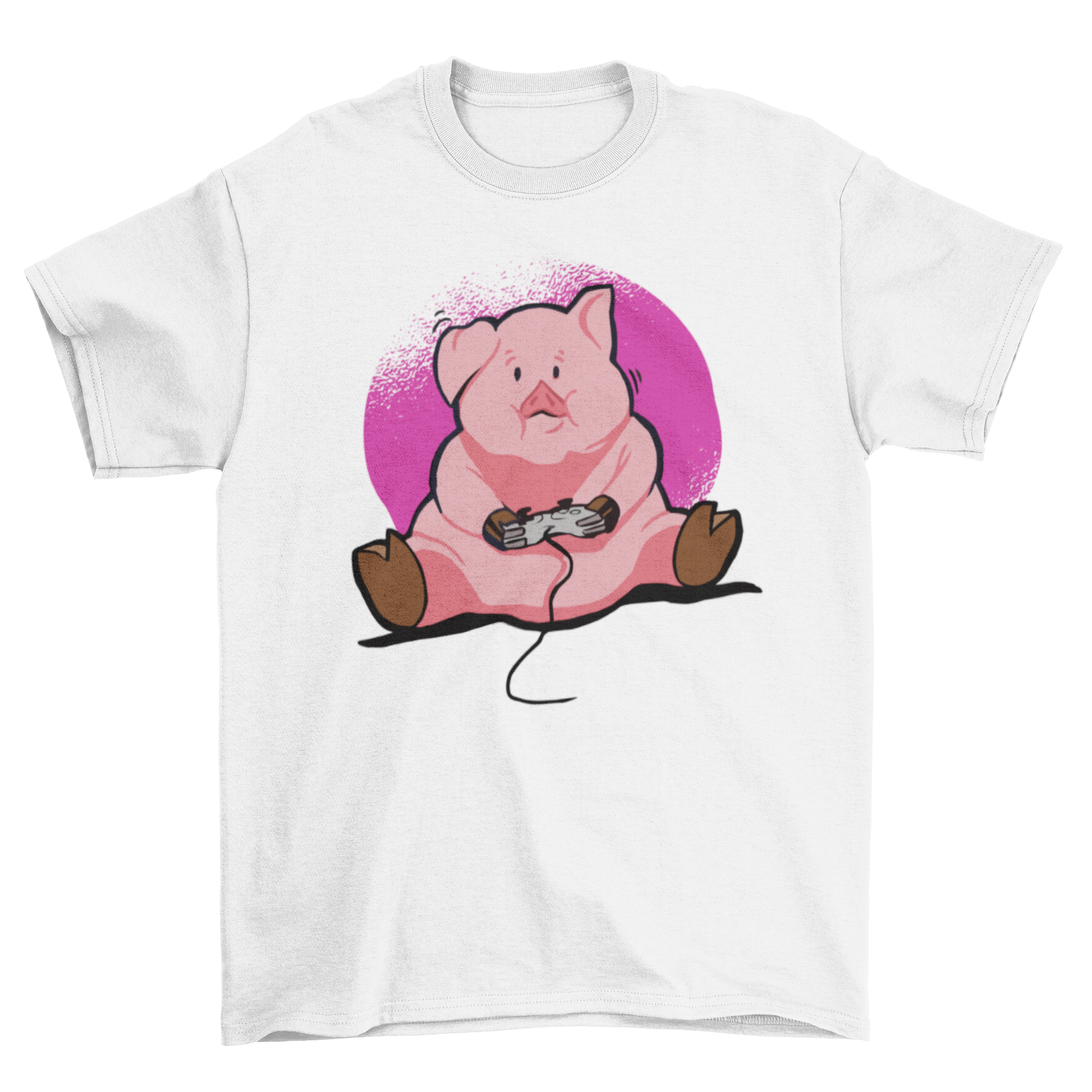 Gamer Pig T-Shirt featuring a cute chubby pig playing video games, perfect for gamers.