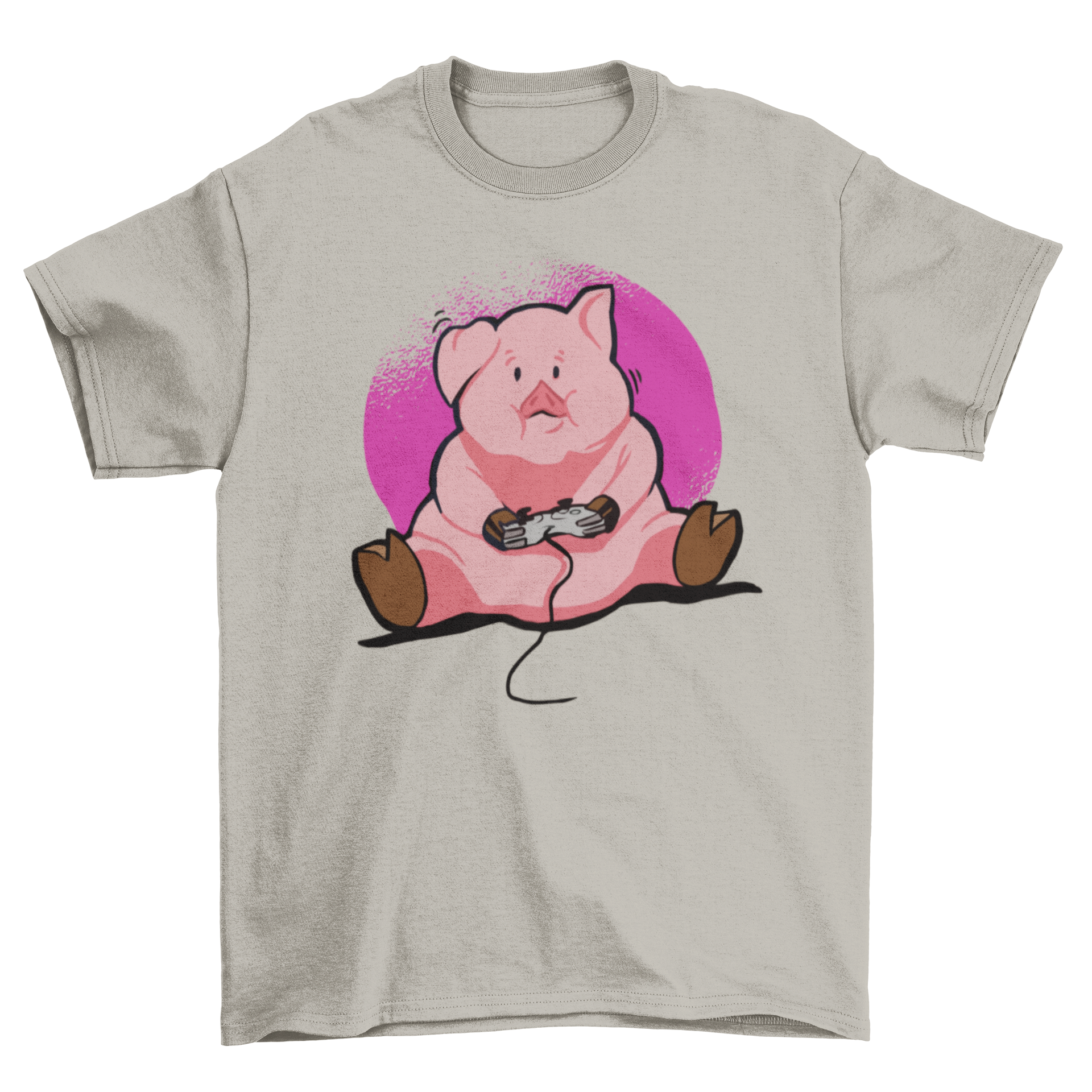 Gamer Pig T-Shirt featuring a cute chubby pig playing video games, perfect for gamers.