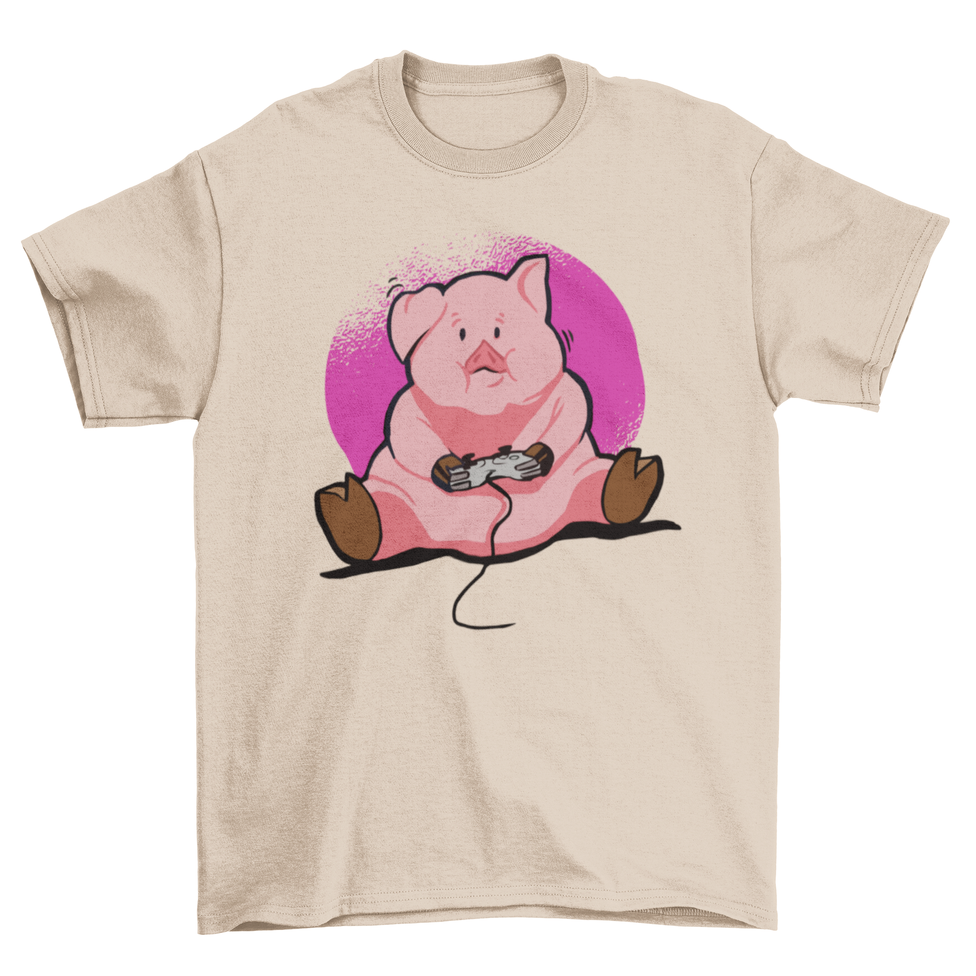 Gamer Pig T-Shirt featuring a cute chubby pig playing video games, perfect for gamers.