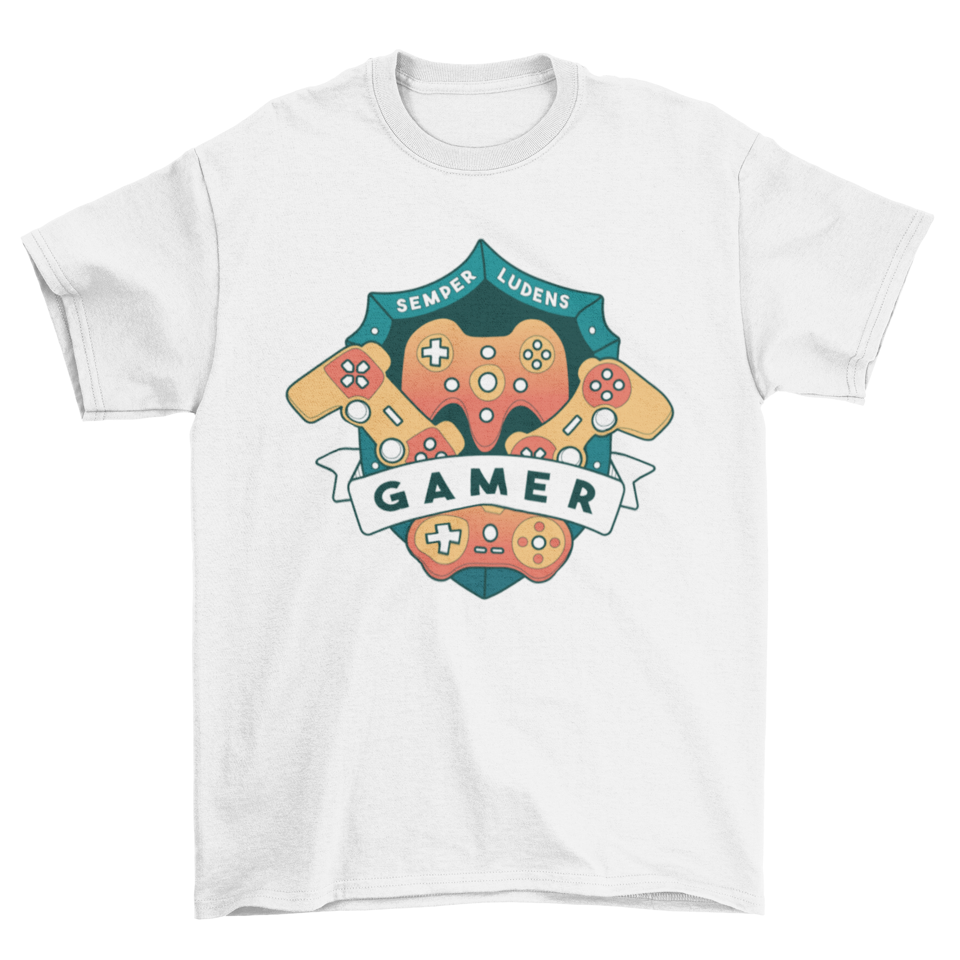 Gamer Shield Joystick T-Shirt featuring a shield design with joysticks and the word 'Gamer' in bold letters.