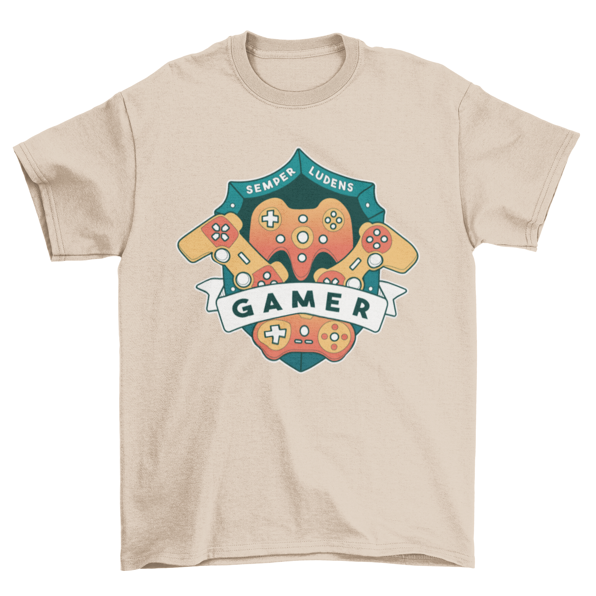 Gamer Shield Joystick T-Shirt featuring a shield design with joysticks and the word 'Gamer' in bold letters.