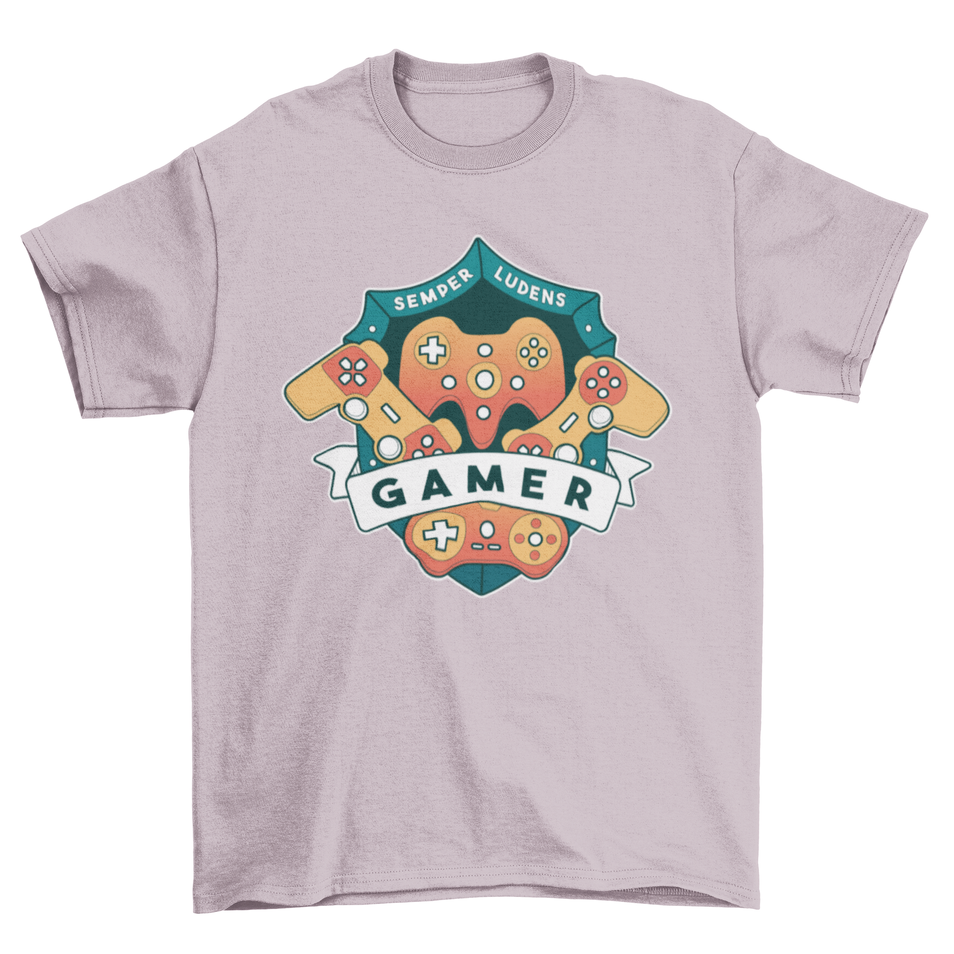 Gamer Shield Joystick T-Shirt featuring a shield design with joysticks and the word 'Gamer' in bold letters.