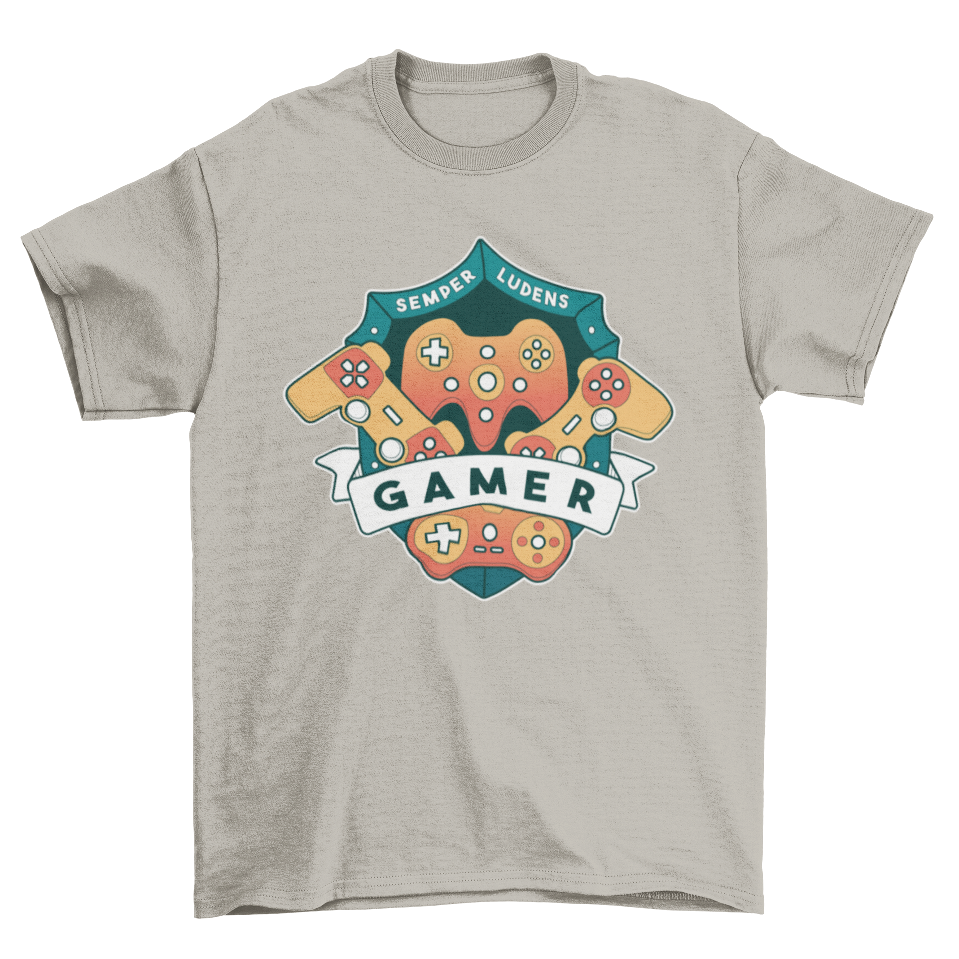 Gamer Shield Joystick T-Shirt featuring a shield design with joysticks and the word 'Gamer' in bold letters.