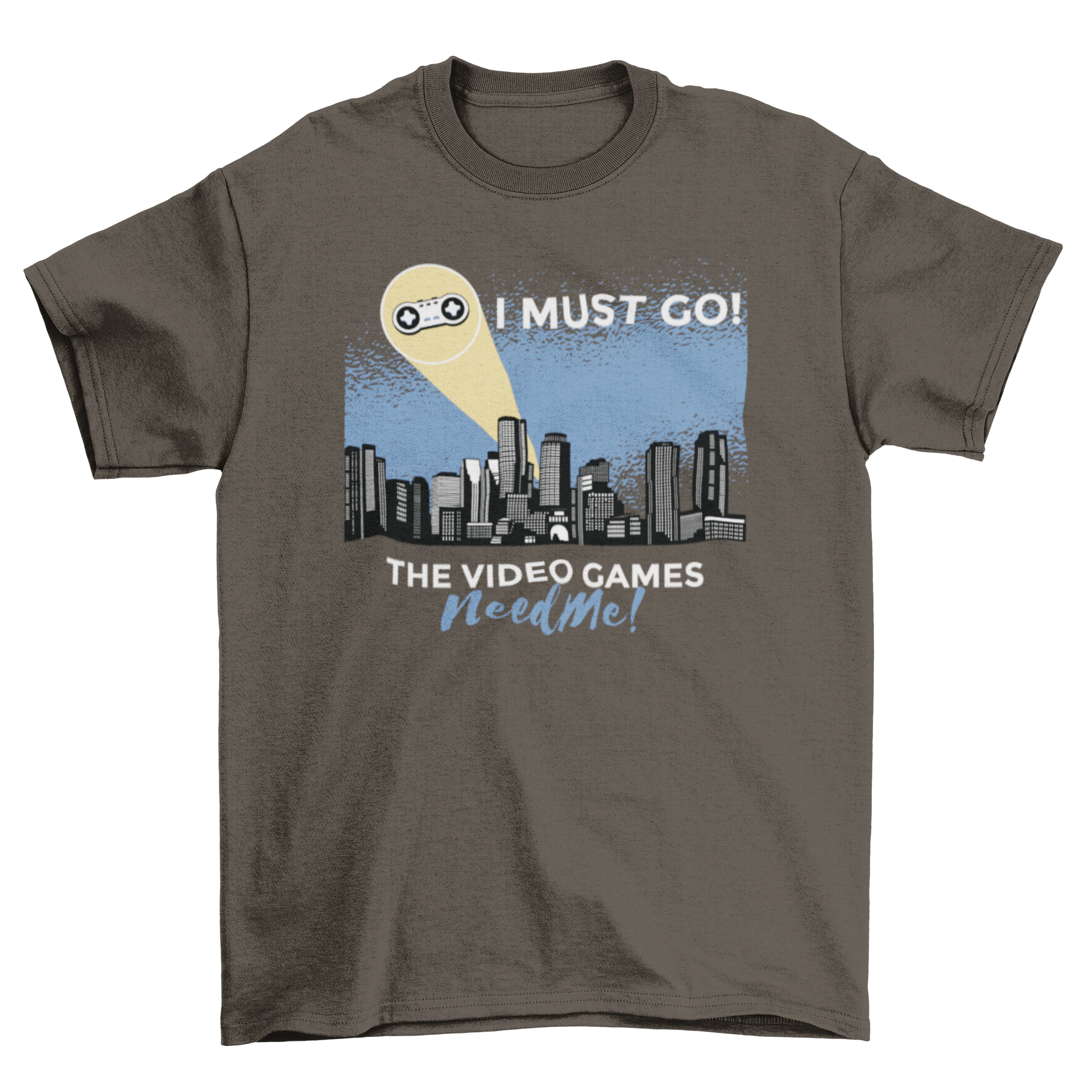 Funny Gamer Signal T-shirt featuring a city skyline at night with a joystick and humorous caption.