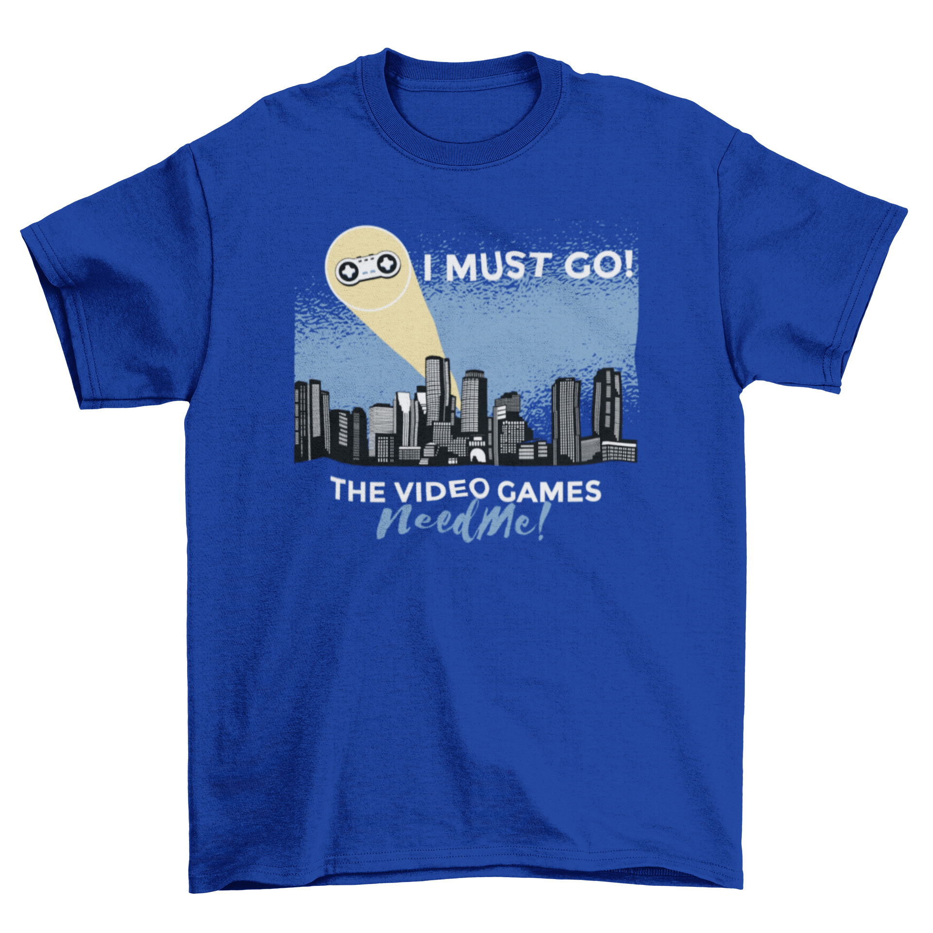 Funny Gamer Signal T-shirt featuring a city skyline at night with a joystick and humorous caption.