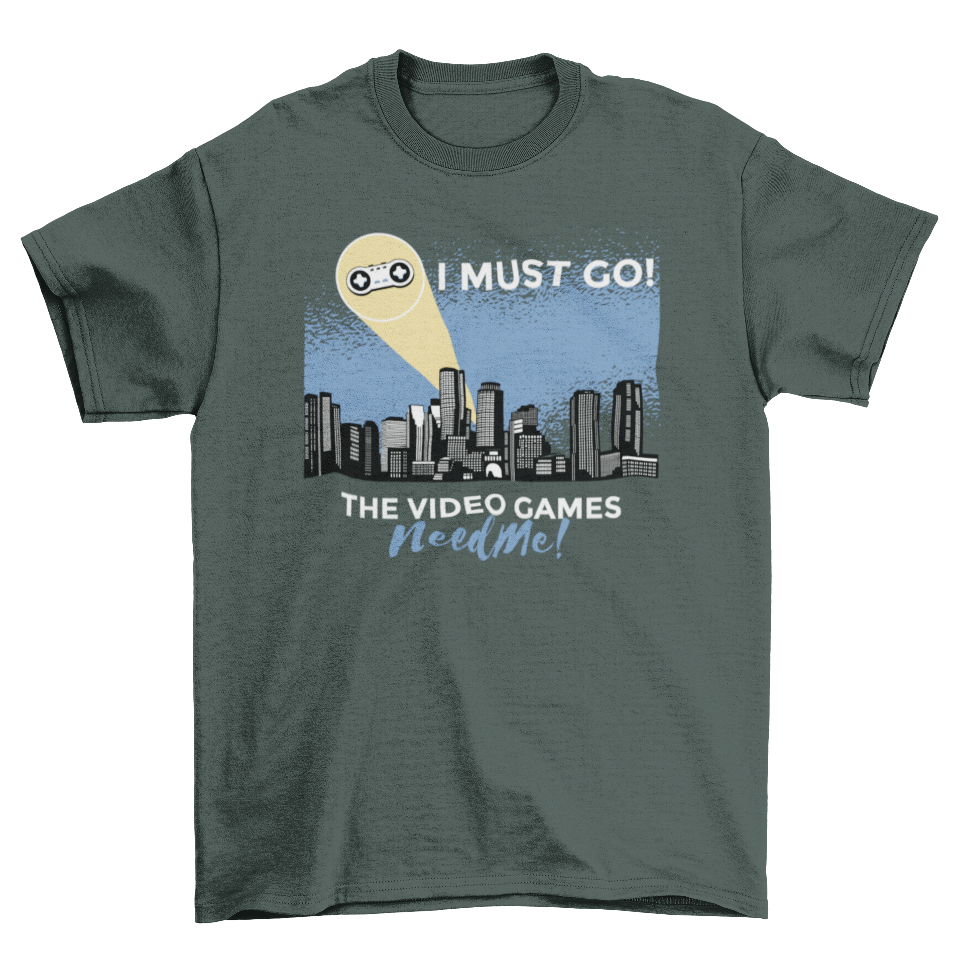 Funny Gamer Signal T-shirt featuring a city skyline at night with a joystick and humorous caption.