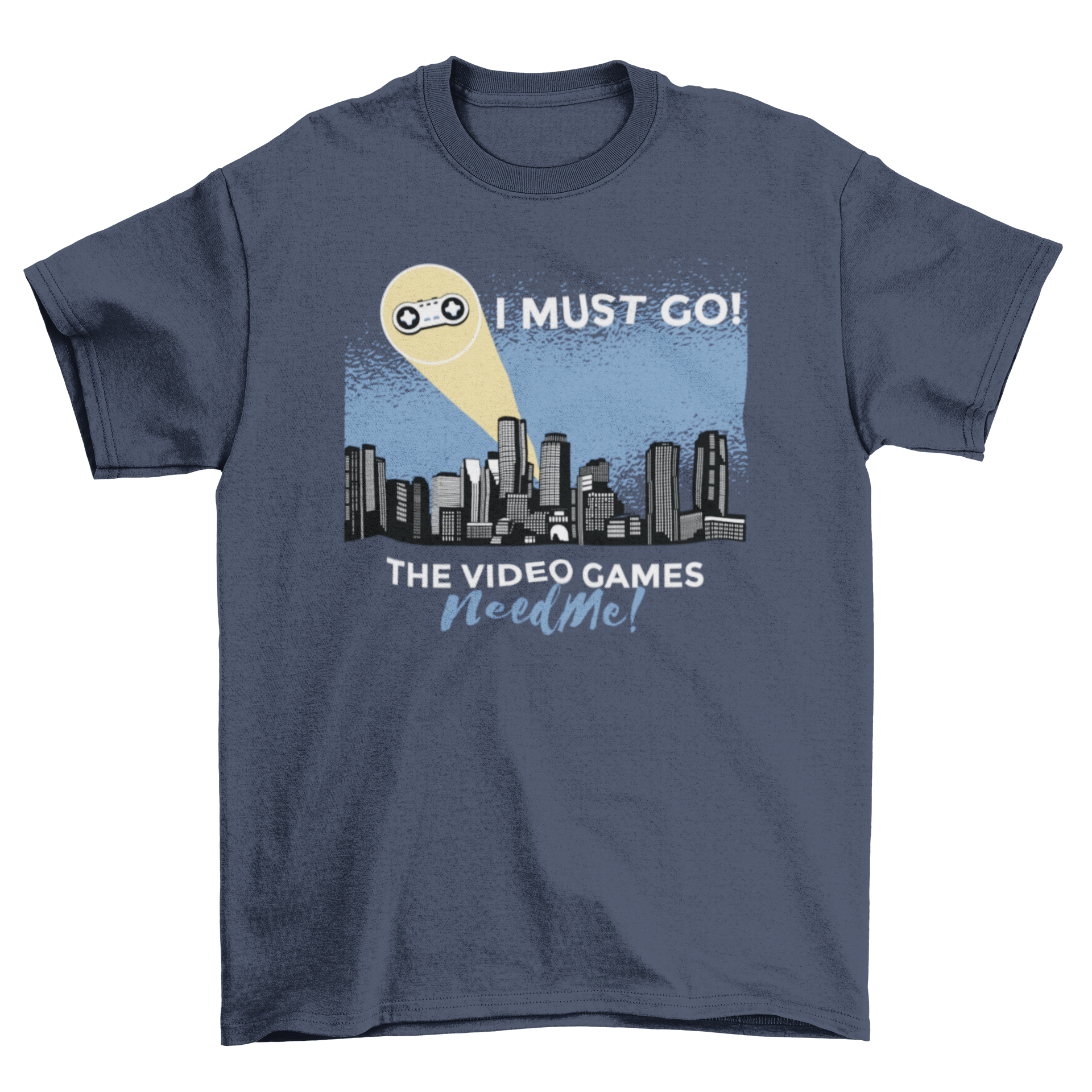 Funny Gamer Signal T-shirt featuring a city skyline at night with a joystick and humorous caption.