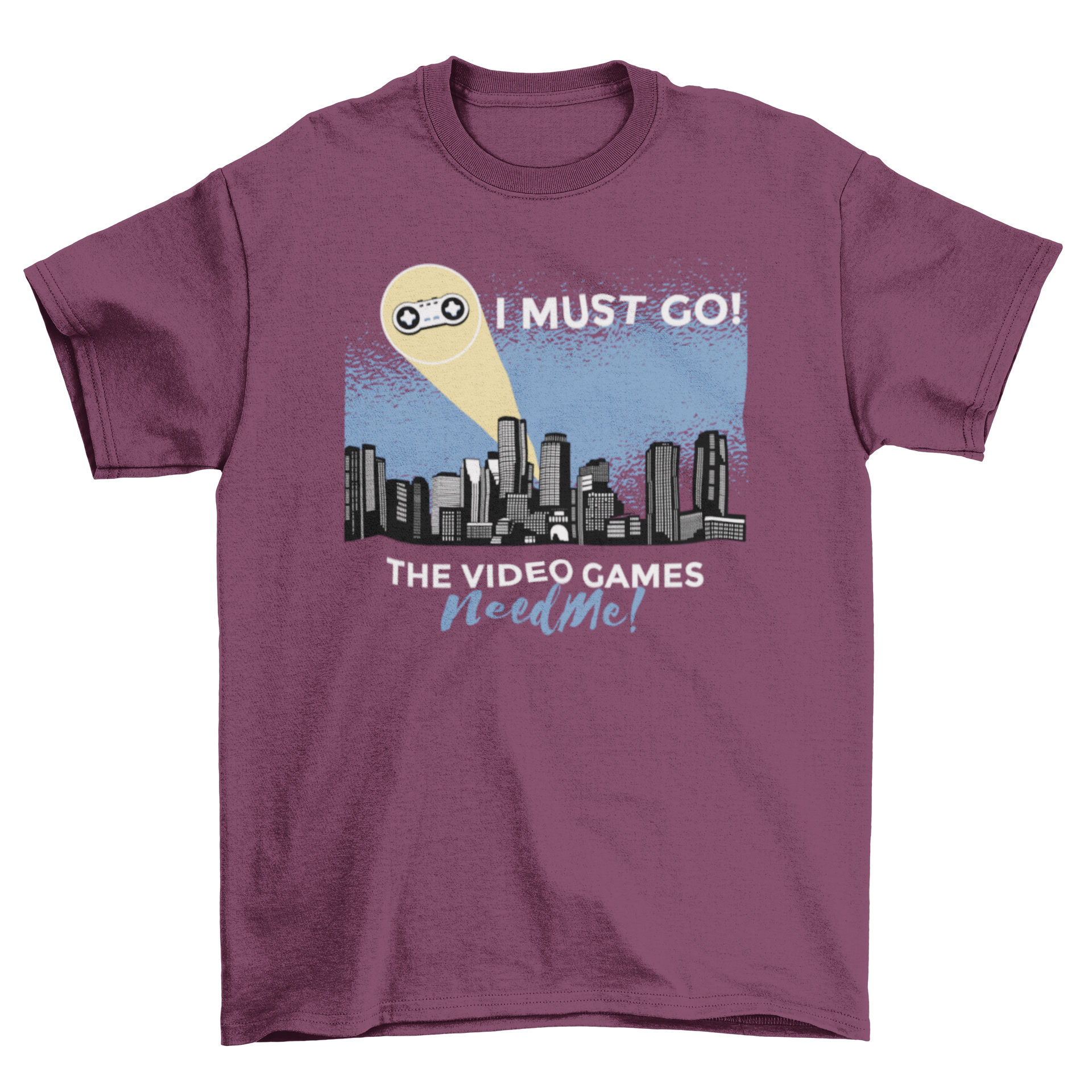 Funny Gamer Signal T-shirt featuring a city skyline at night with a joystick and humorous caption.