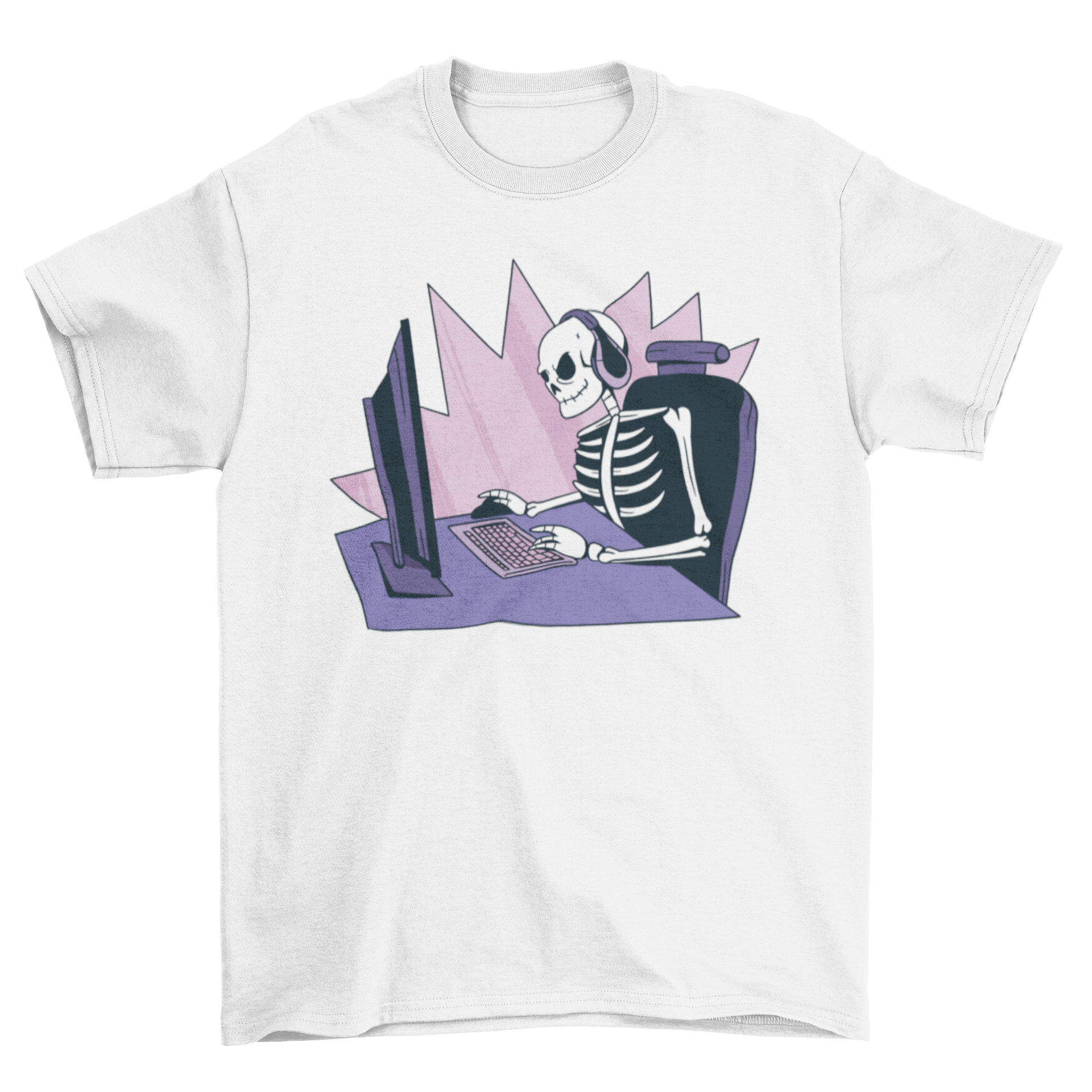 A stylish Gamer Skeleton T-Shirt featuring a skeleton playing video games, showcasing a vibrant and playful design.