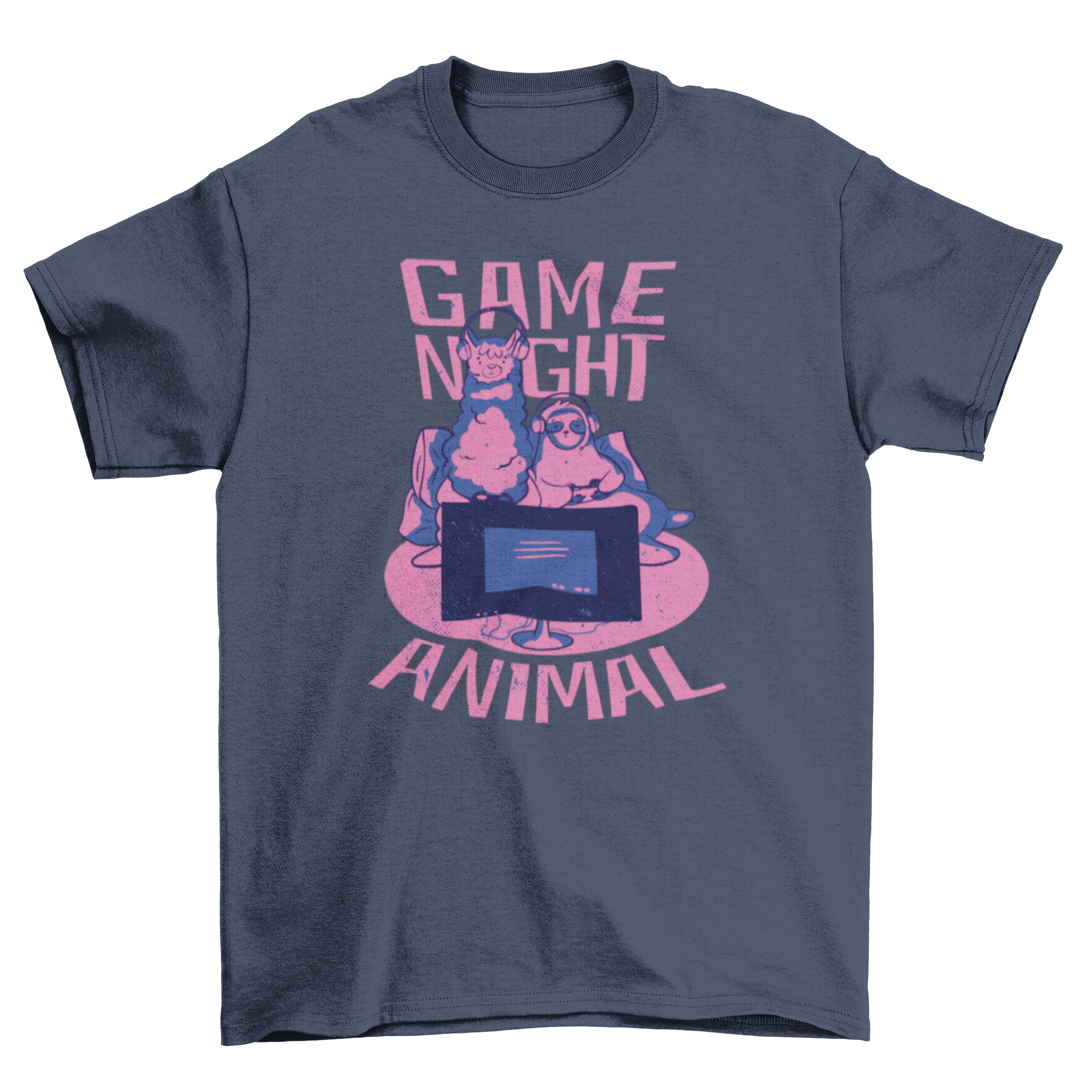 Gaming Animal T-Shirt featuring a llama and sloth playing video games with the quote 'Game night animal'.