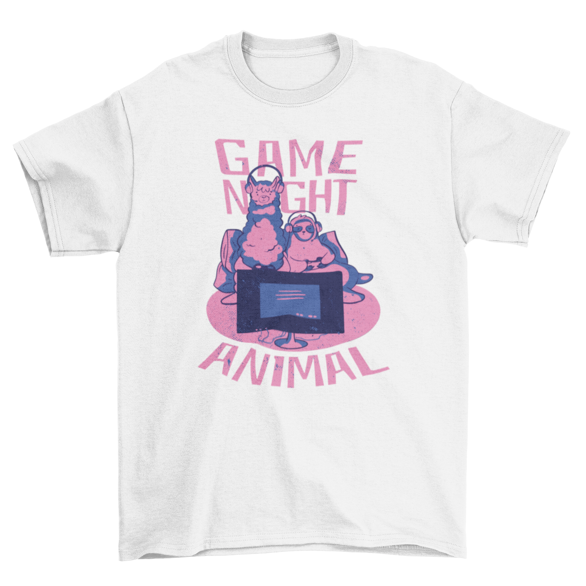 Gaming Animal T-Shirt featuring a llama and sloth playing video games with the quote 'Game night animal'.