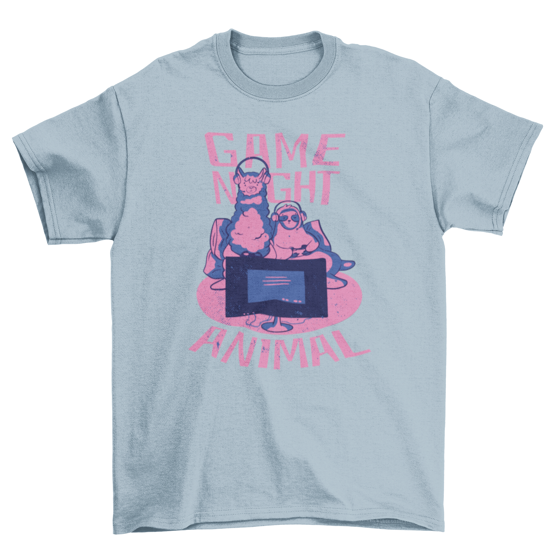 Gaming Animal T-Shirt featuring a llama and sloth playing video games with the quote 'Game night animal'.