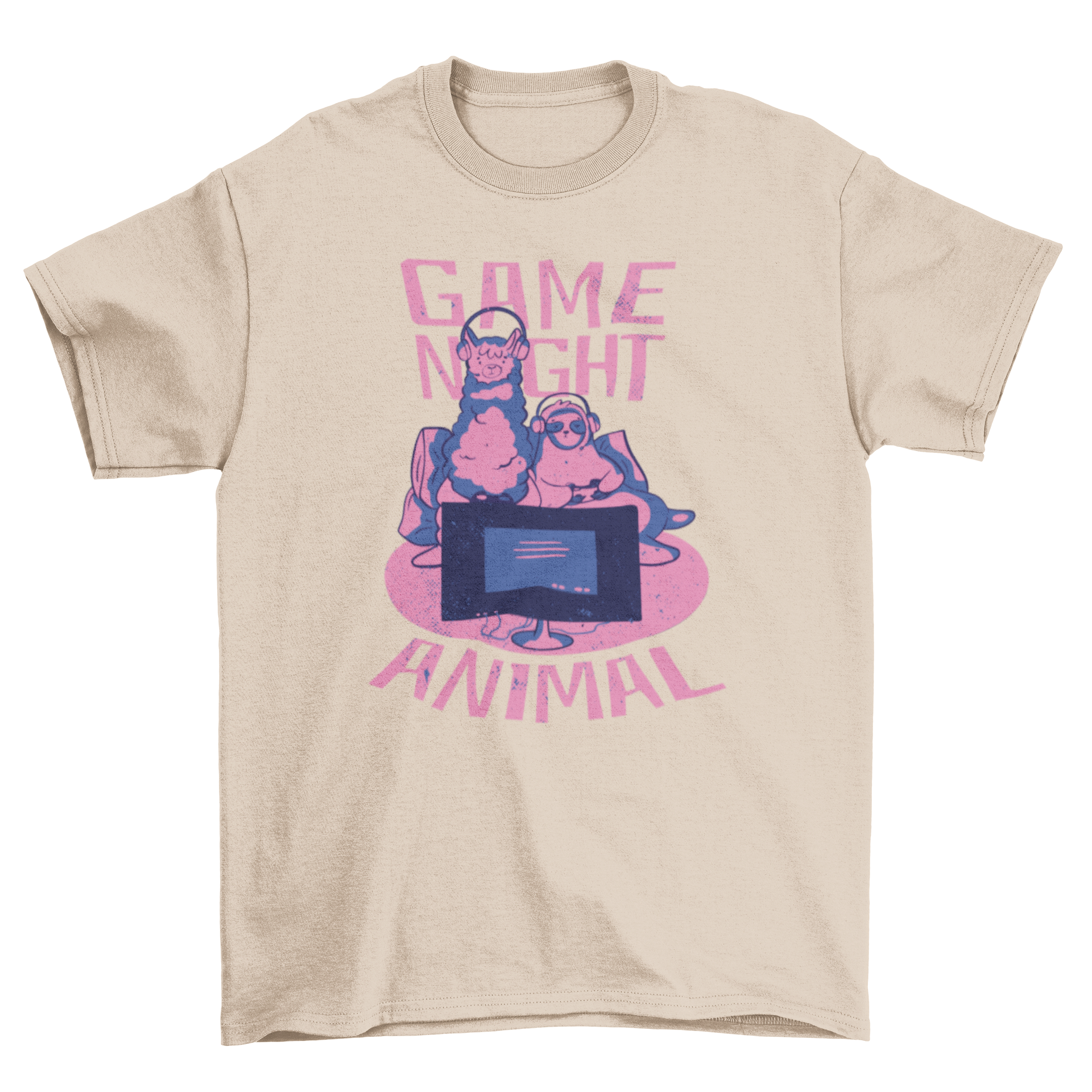 Gaming Animal T-Shirt featuring a llama and sloth playing video games with the quote 'Game night animal'.