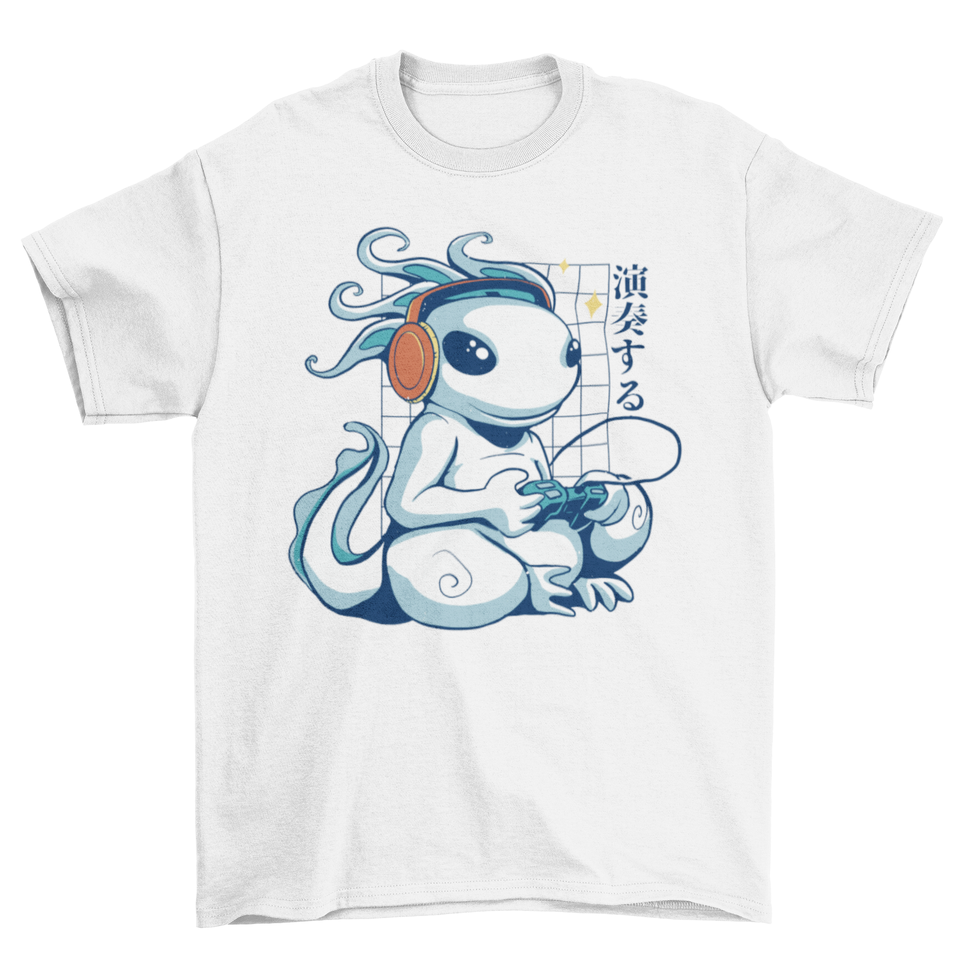 A vibrant t-shirt featuring a gaming axolotl design, perfect for gamers and axolotl lovers.