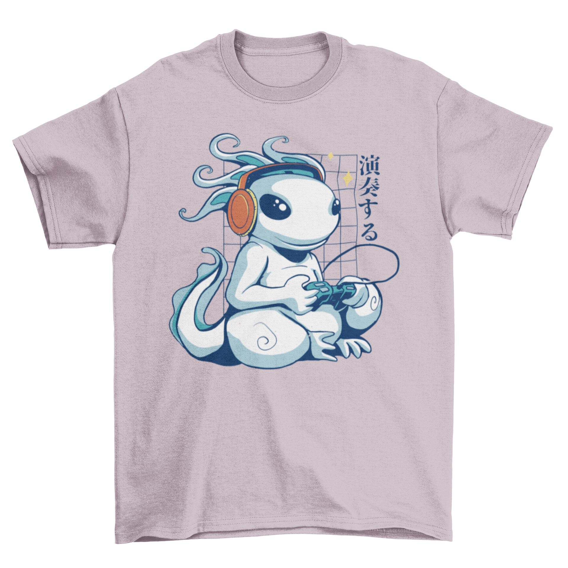 A vibrant t-shirt featuring a gaming axolotl design, perfect for gamers and axolotl lovers.