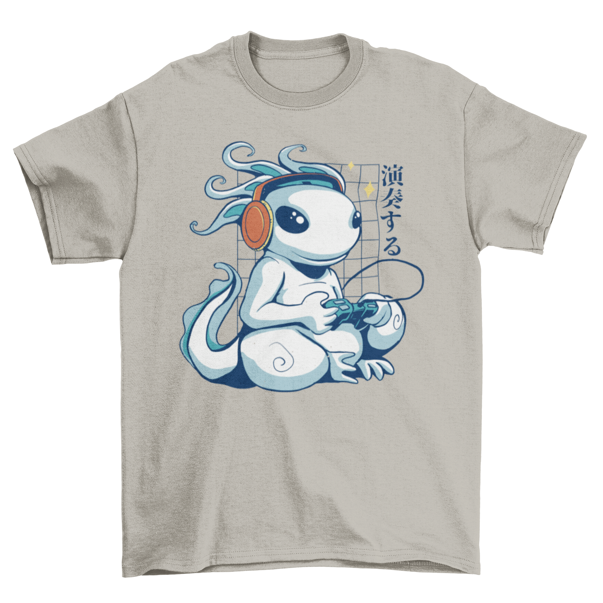 A vibrant t-shirt featuring a gaming axolotl design, perfect for gamers and axolotl lovers.