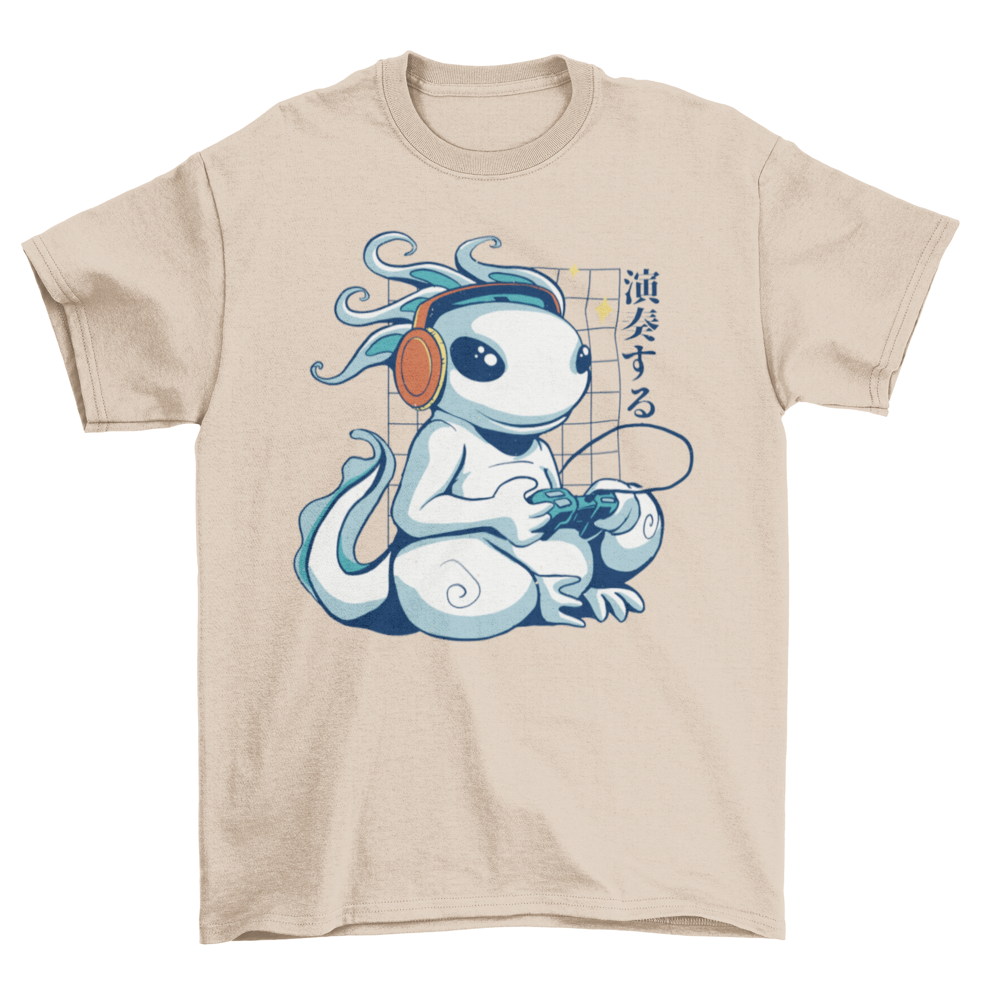 A vibrant t-shirt featuring a gaming axolotl design, perfect for gamers and axolotl lovers.