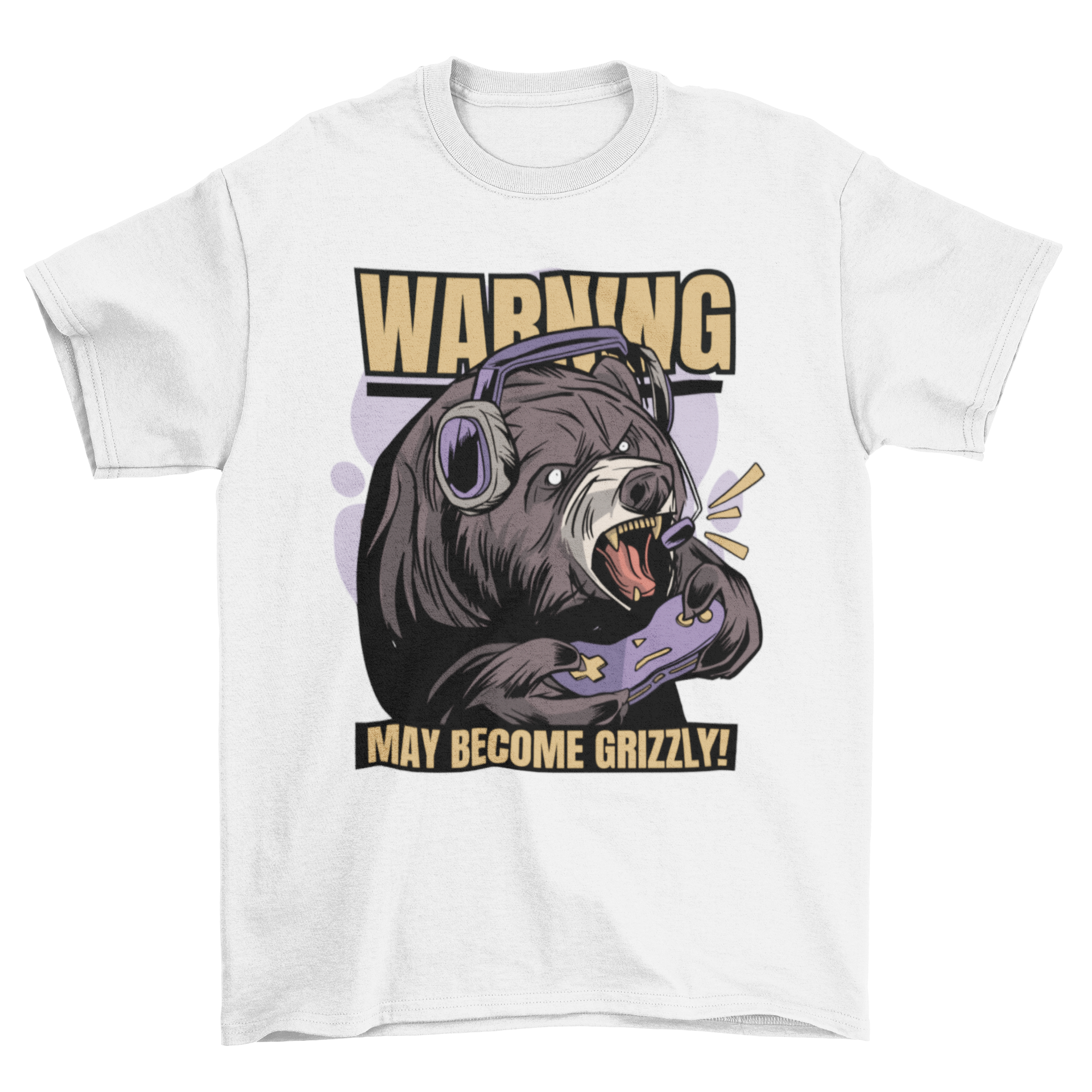 Gaming Bear T-Shirt featuring a bear with headphones and a joystick, showcasing a playful design and humorous quote.