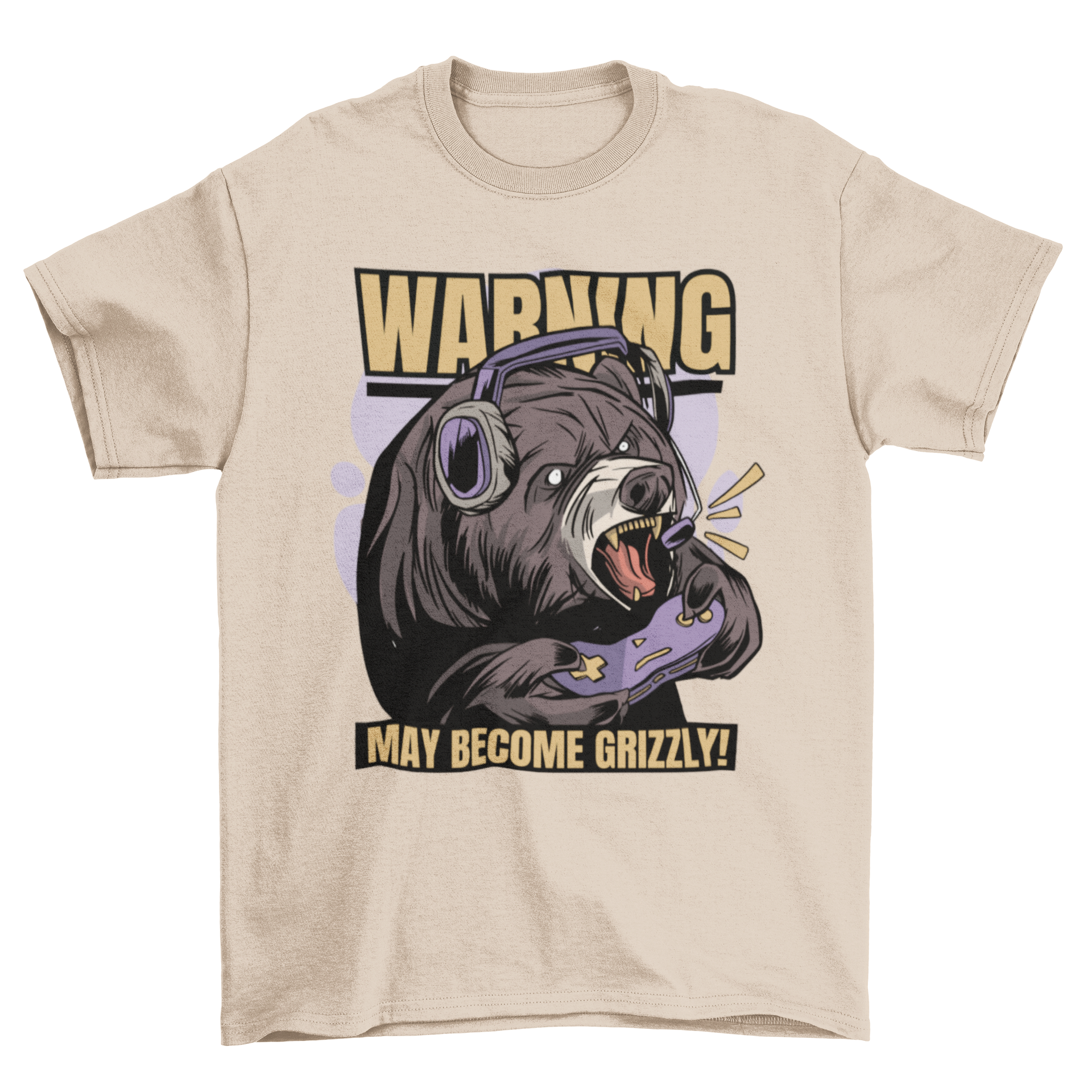 Gaming Bear T-Shirt featuring a bear with headphones and a joystick, showcasing a playful design and humorous quote.