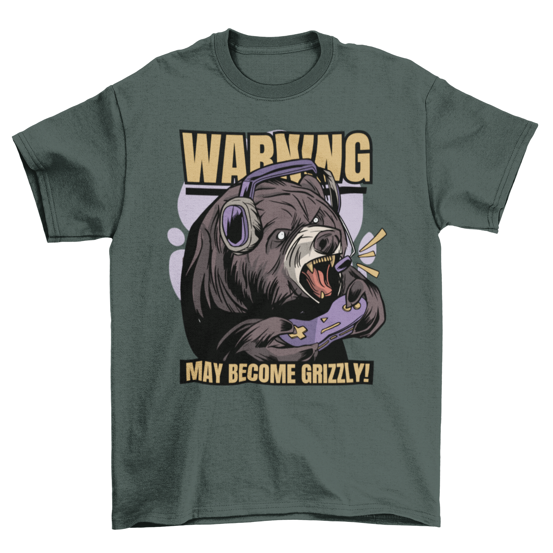 Gaming Bear T-Shirt featuring a bear with headphones and a joystick, showcasing a playful design and humorous quote.