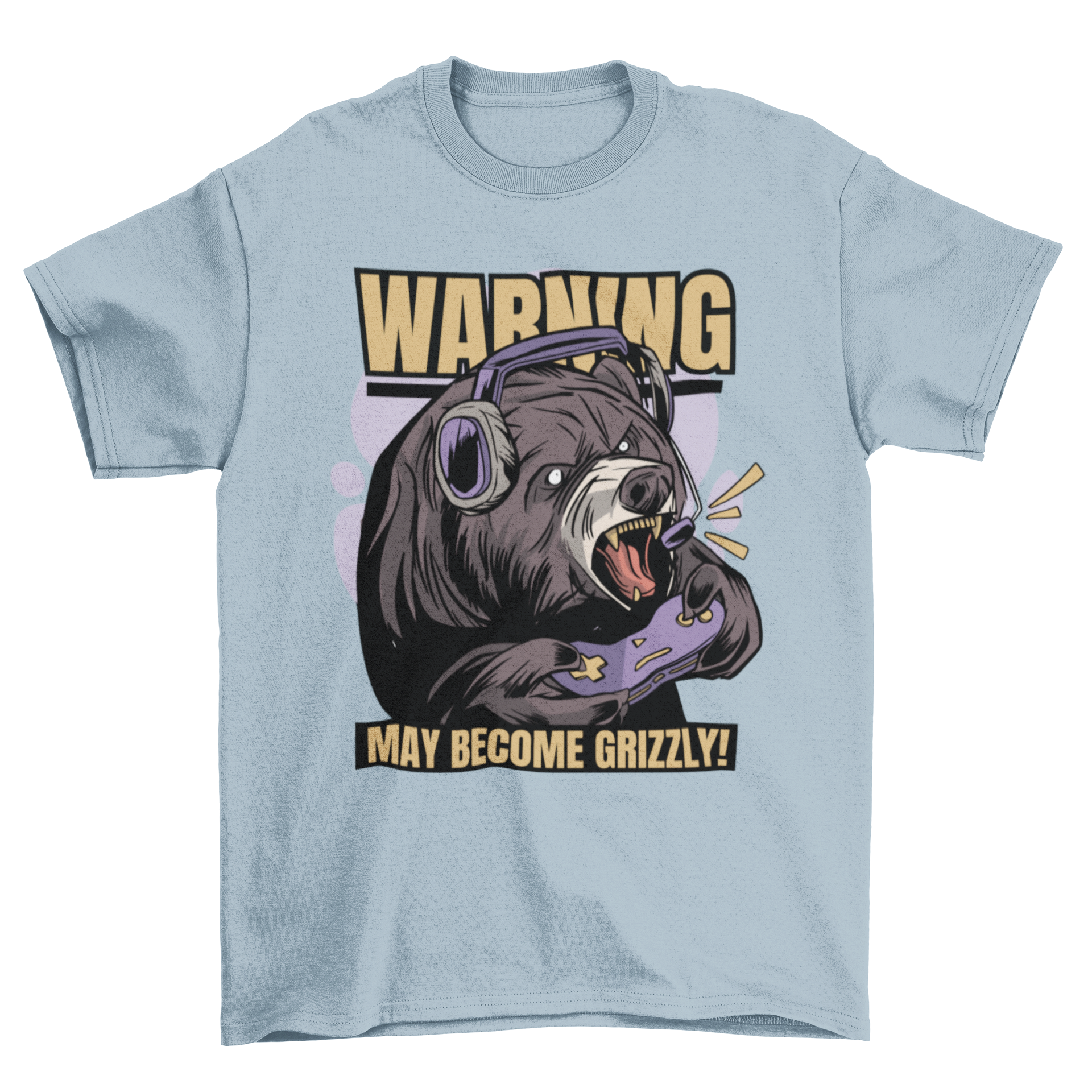 Gaming Bear T-Shirt featuring a bear with headphones and a joystick, showcasing a playful design and humorous quote.