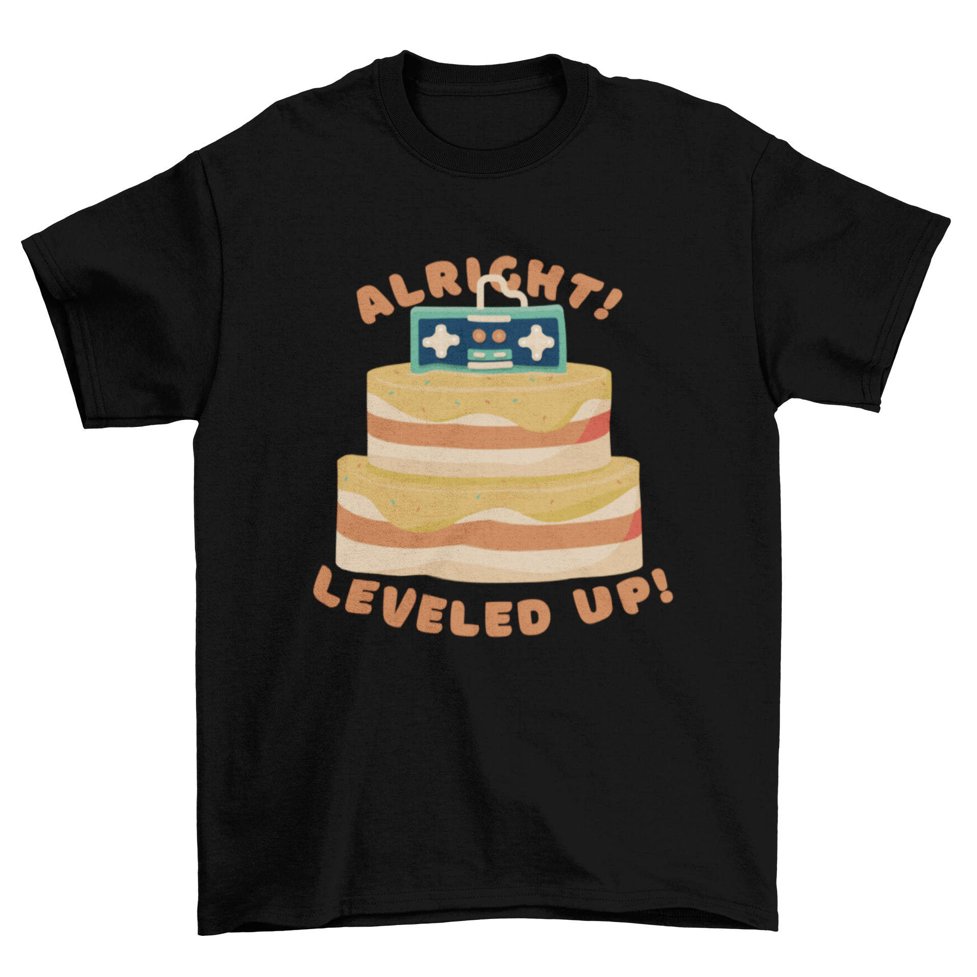 Gaming Cake T-shirt featuring a colorful birthday cake and video game controller design.