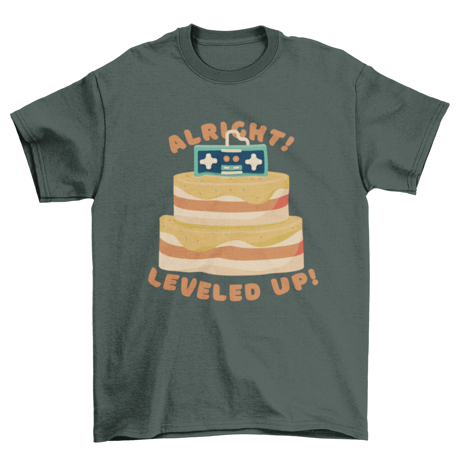 Gaming Cake T-shirt featuring a colorful birthday cake and video game controller design.